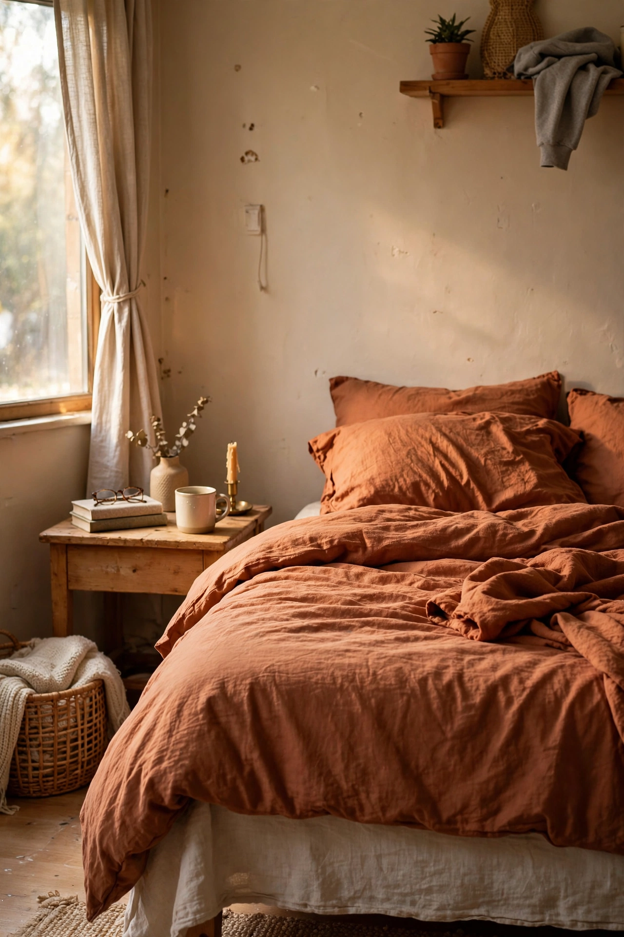 Rental bedroom with rust-colored statement bedding as the main color