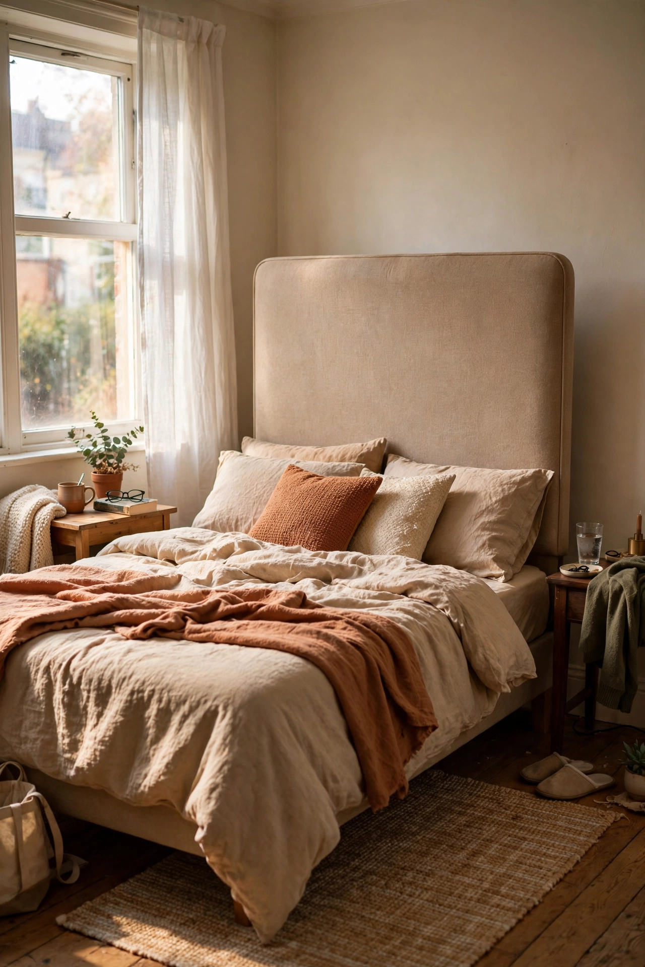 Freestanding upholstered headboard with legs slid behind a mattress