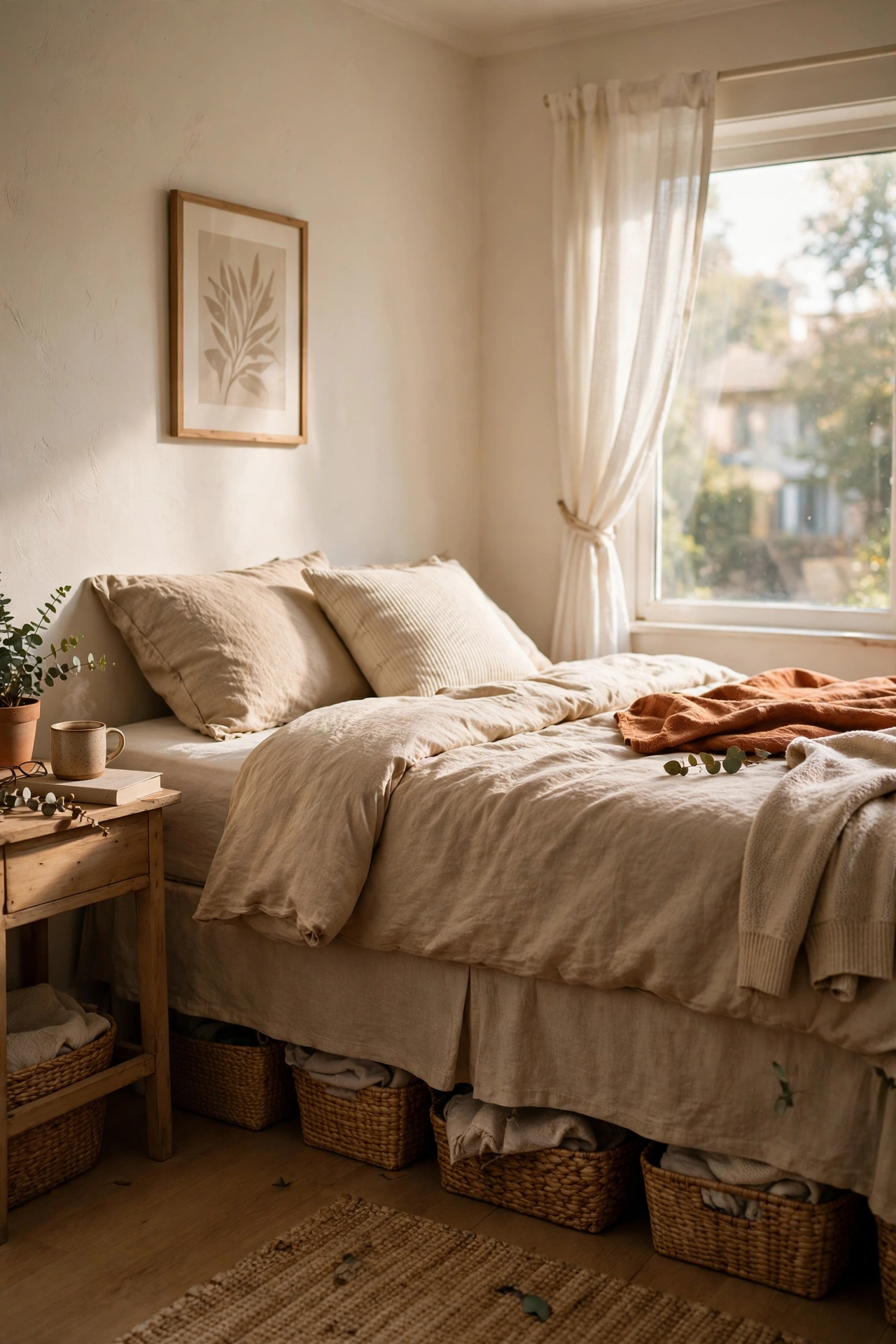 Tailored linen bed skirt hiding a metal bed frame in a rental bedroom