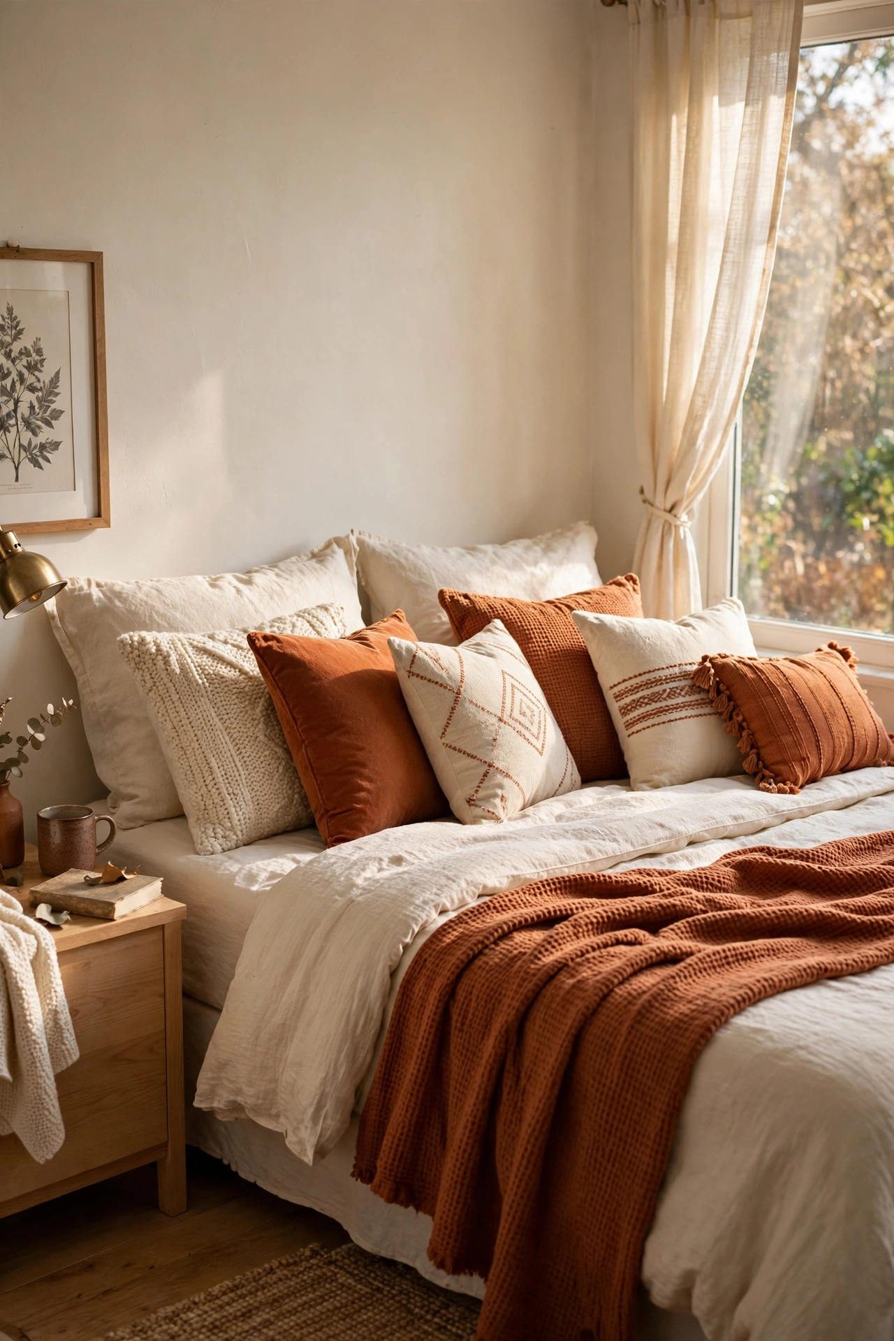 Bed styled with a tight throw pillow collection in creams and rust