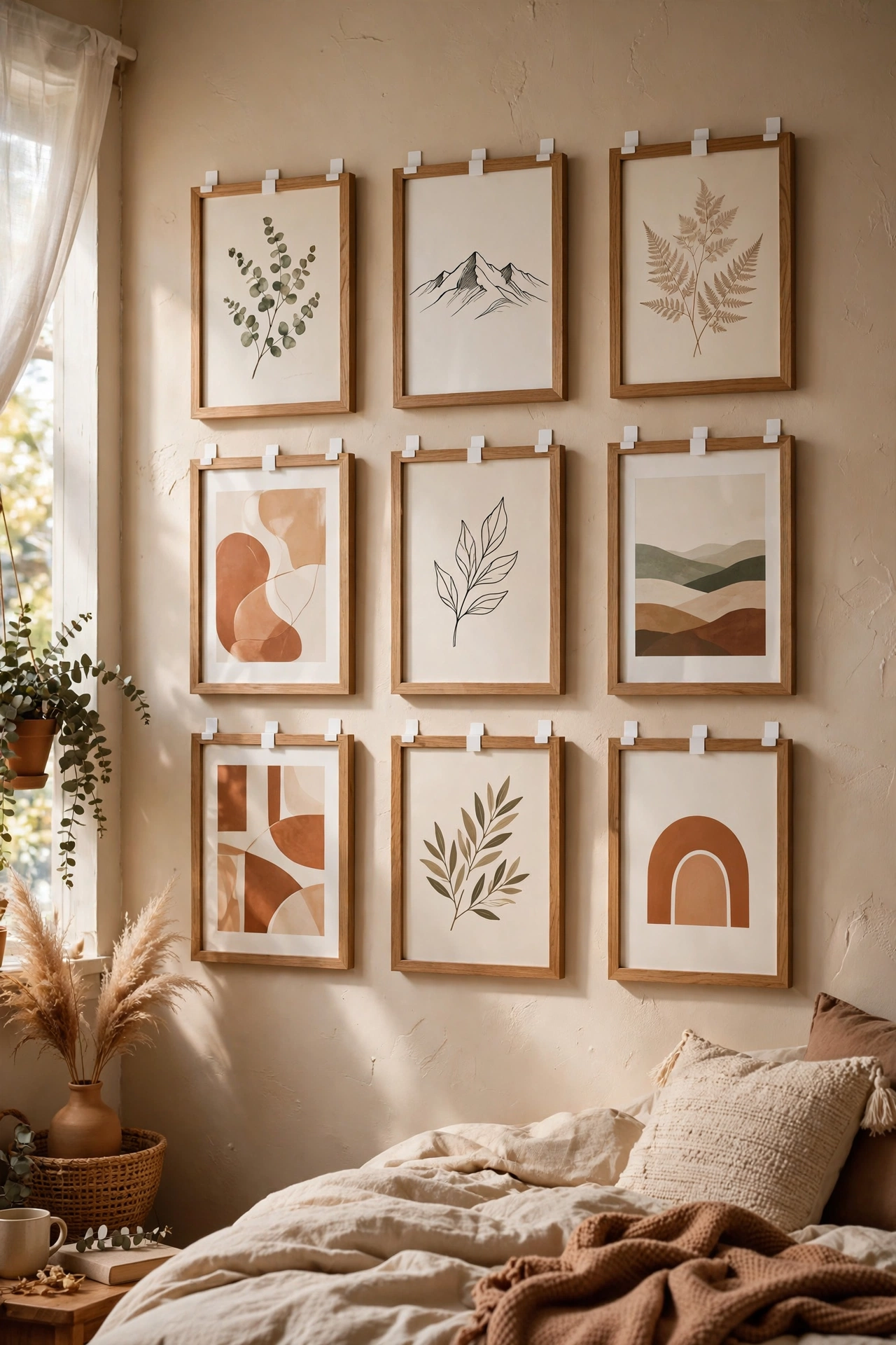 Gallery wall of framed prints hung with command strips in a rental bedroom