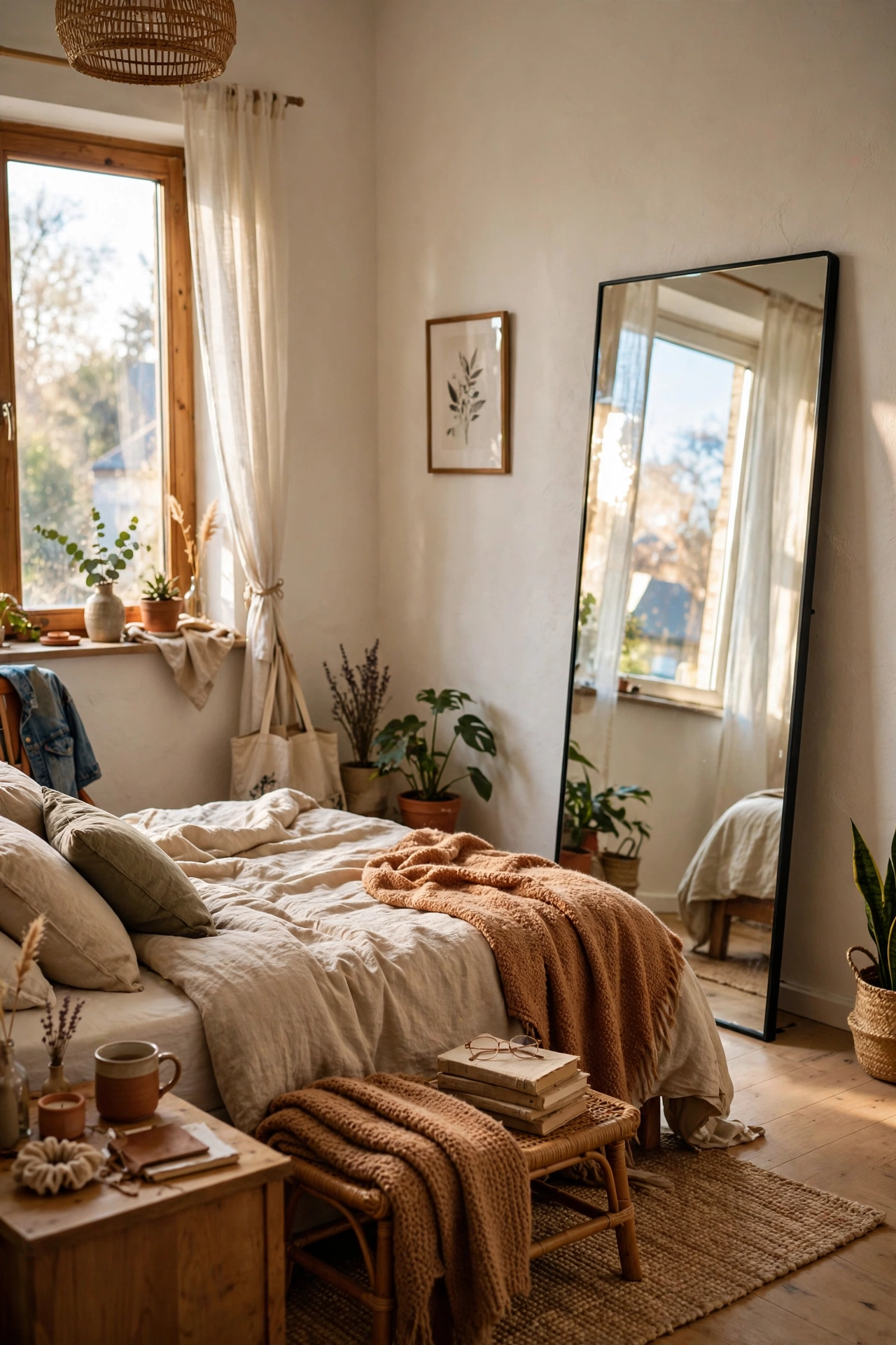 Tall floor mirror leaned against a rental bedroom wall