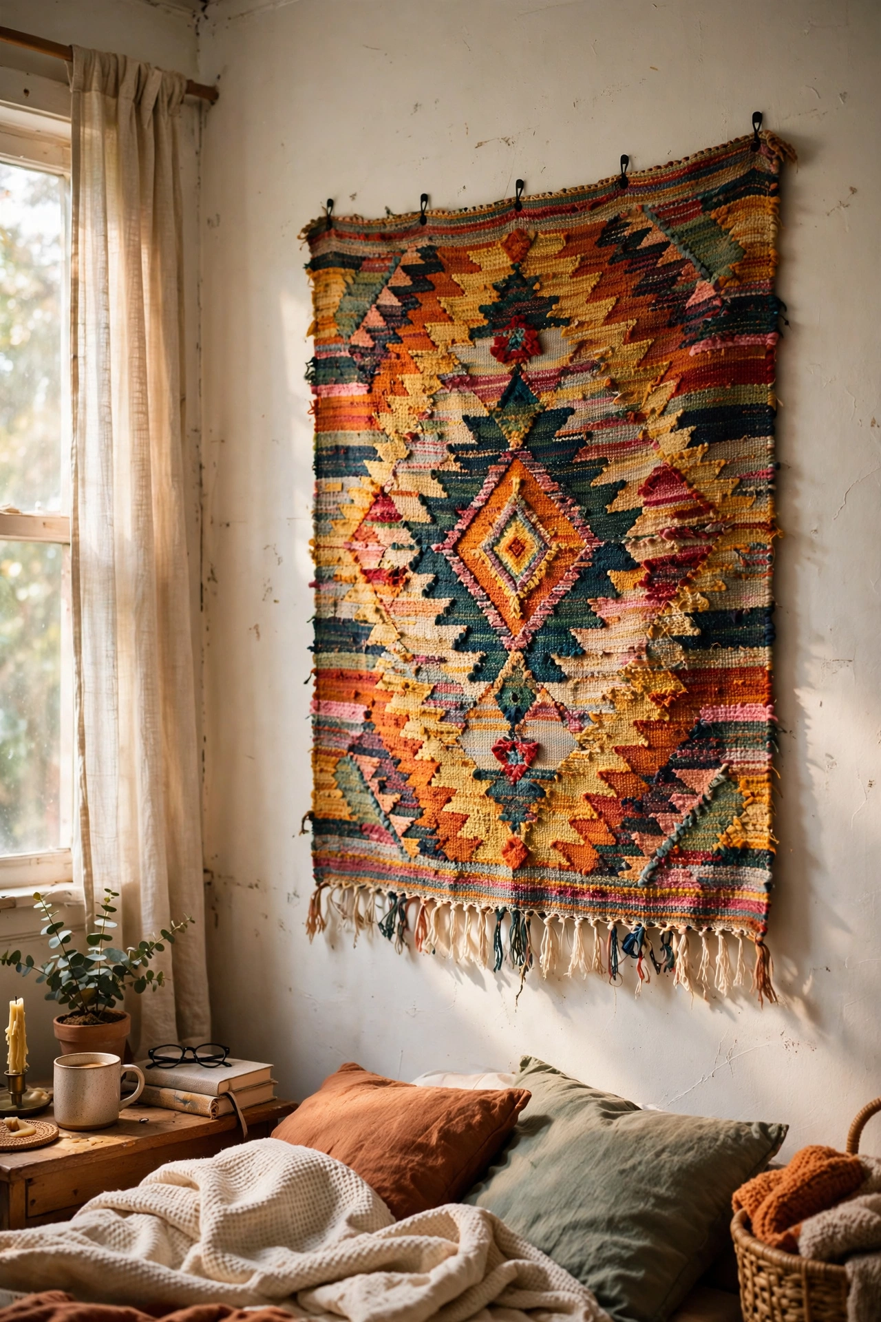 Large woven tapestry hung from command hooks on a rental bedroom wall