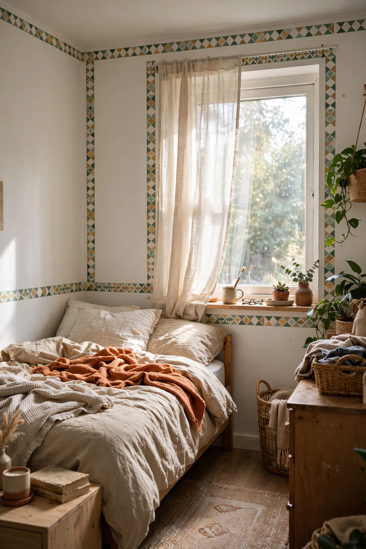 Rental bedroom wall with a geometric washi tape border at picture height