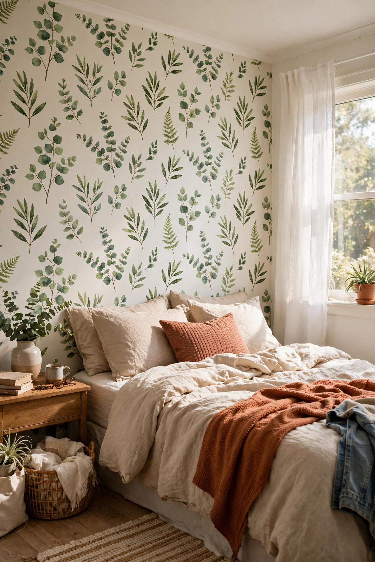 Rental bedroom headboard wall covered in removable botanical wallpaper