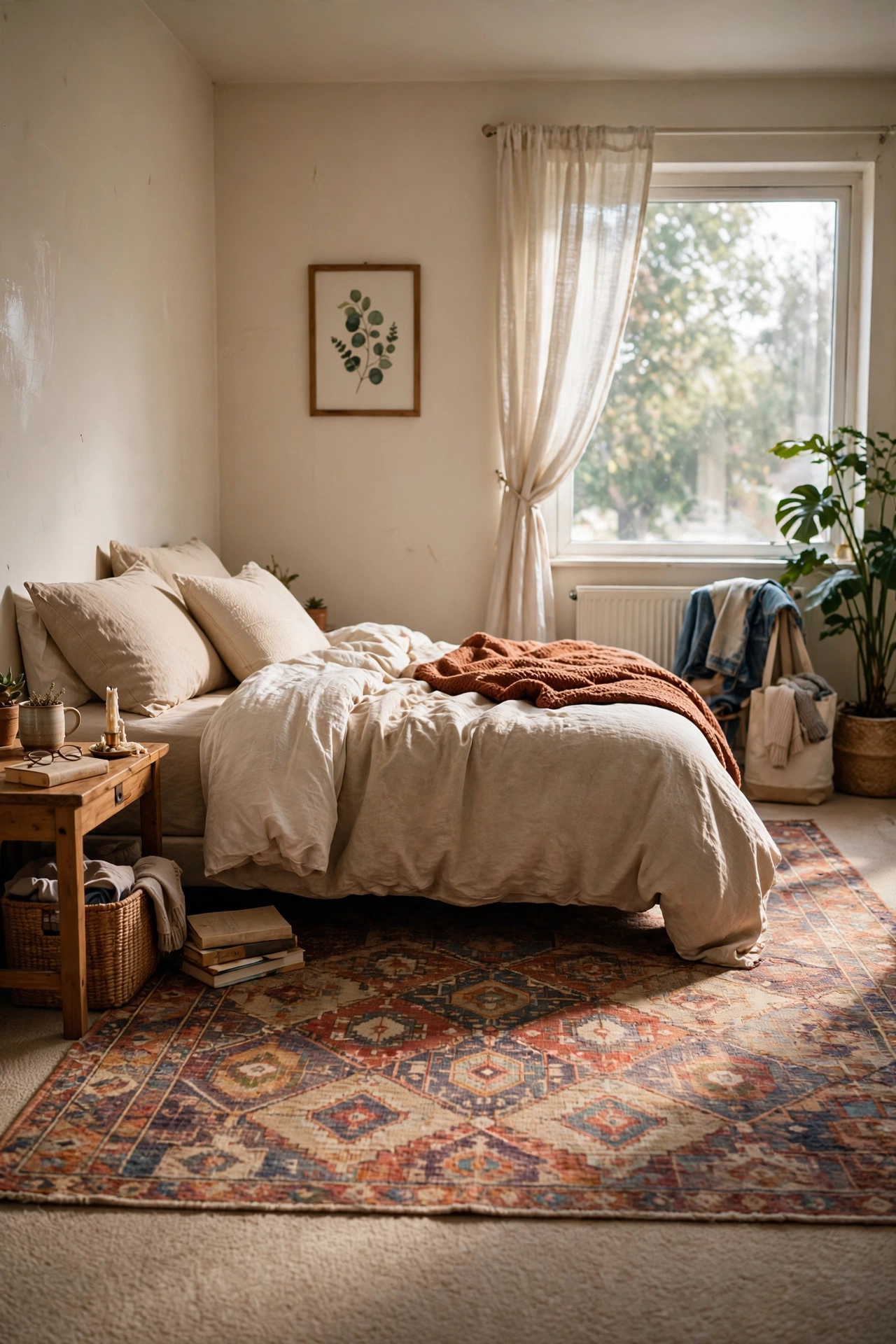 Large patterned area rug layered over beige rental carpet in a bedroom