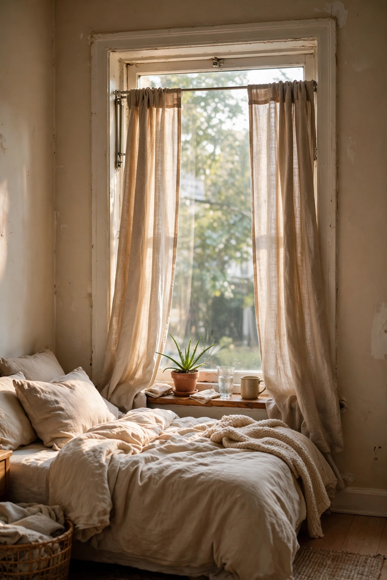 Curtains hung on a tension rod inside a rental bedroom window frame