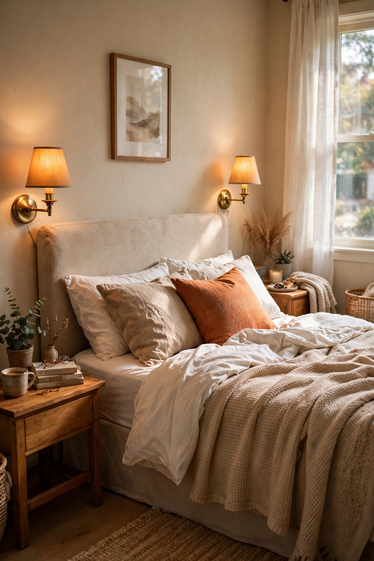 Plug-in wall sconces mounted beside a bed in a rental bedroom