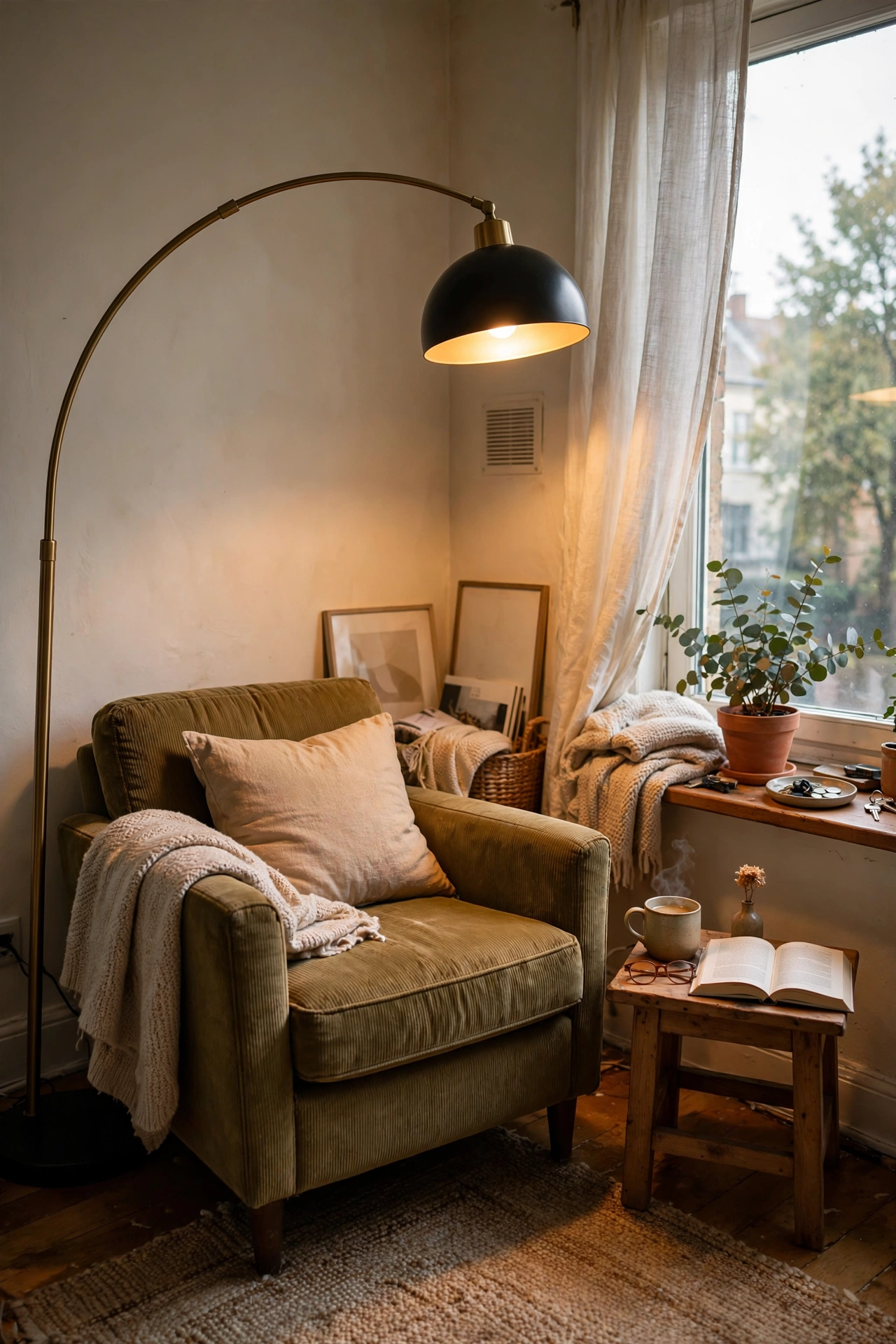 Arc floor lamp lighting a reading corner in a rental bedroom