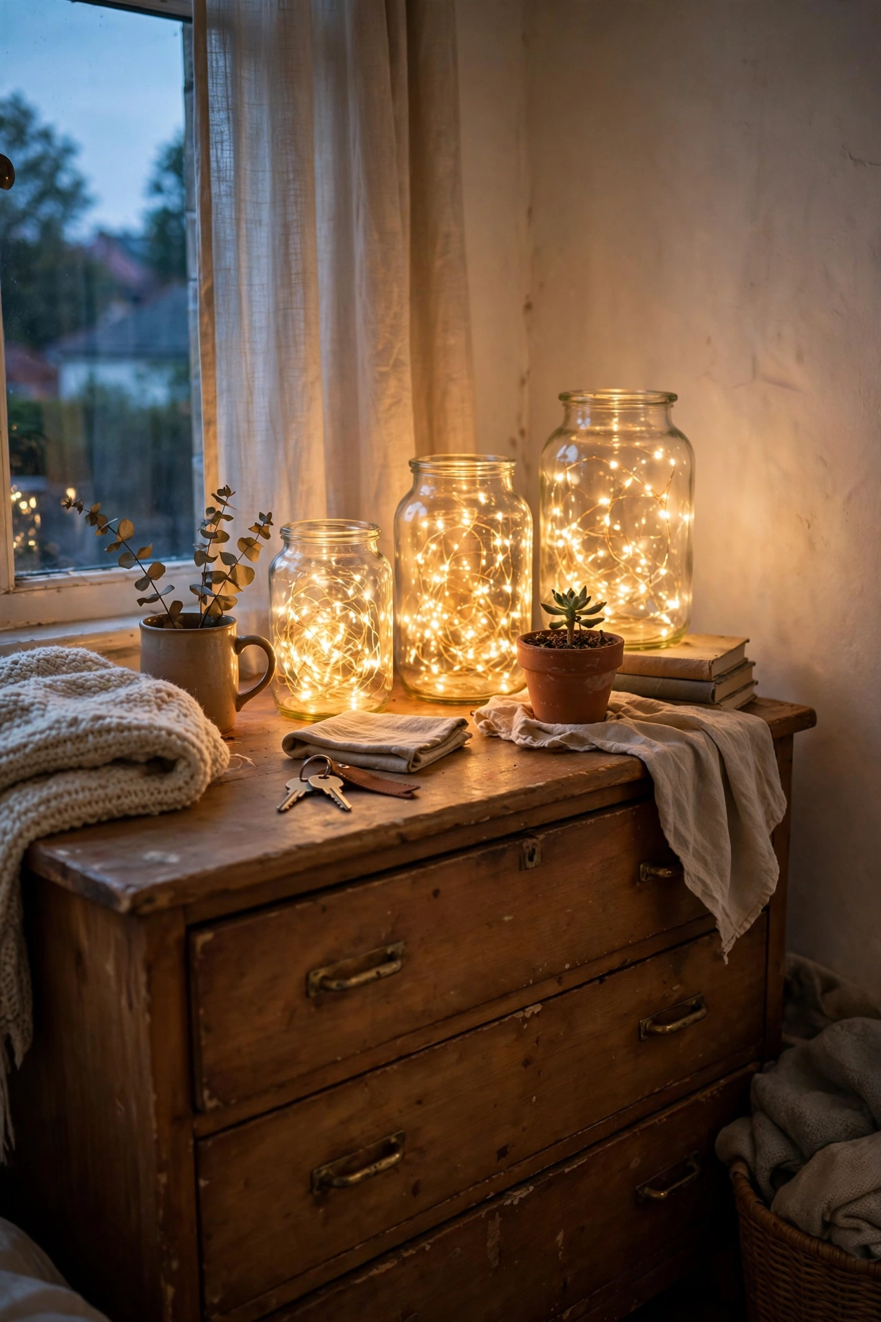 Glass jars filled with warm fairy lights on a rental bedroom dresser