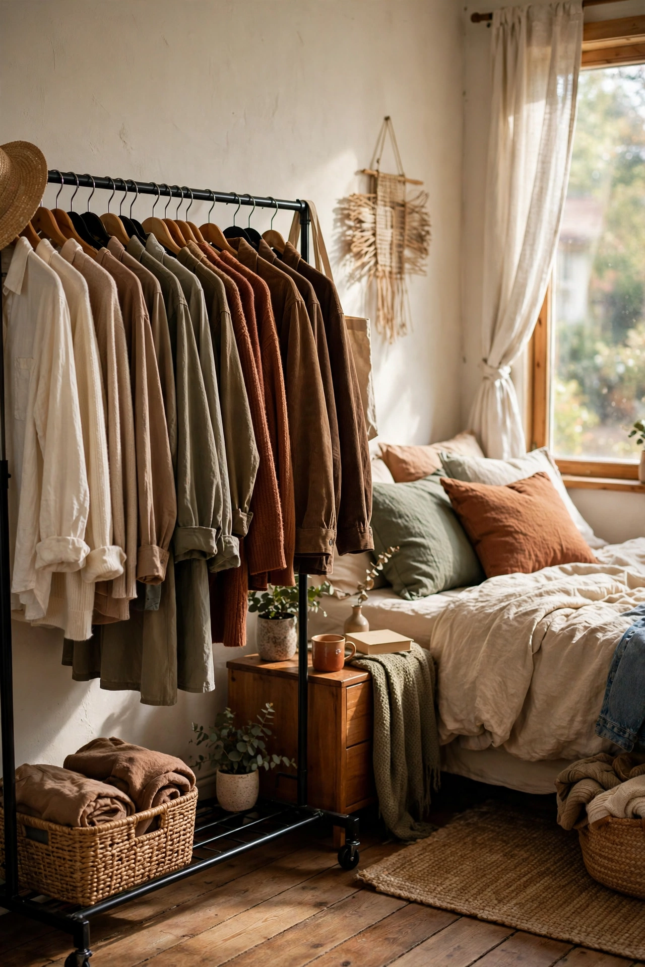 Freestanding clothing rack with curated color-grouped clothes in a bedroom