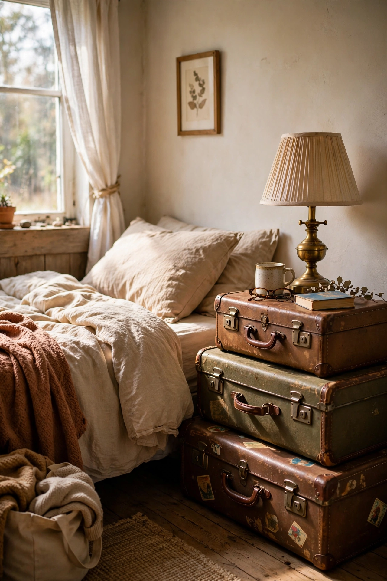 Two stacked vintage suitcases used as a nightstand beside a bed