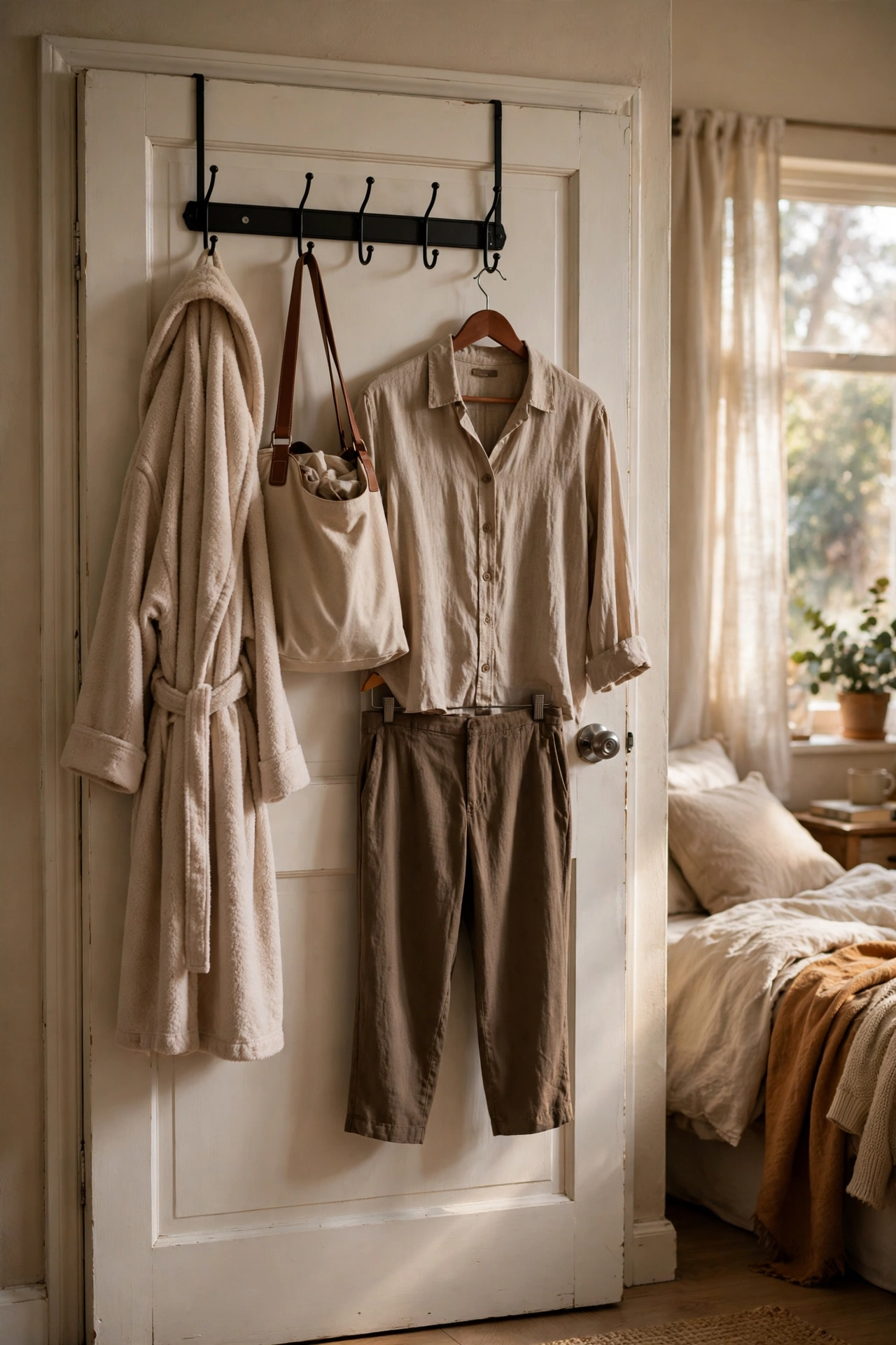 Over-the-door multi-hook rack holding robe and bags in a rental bedroom