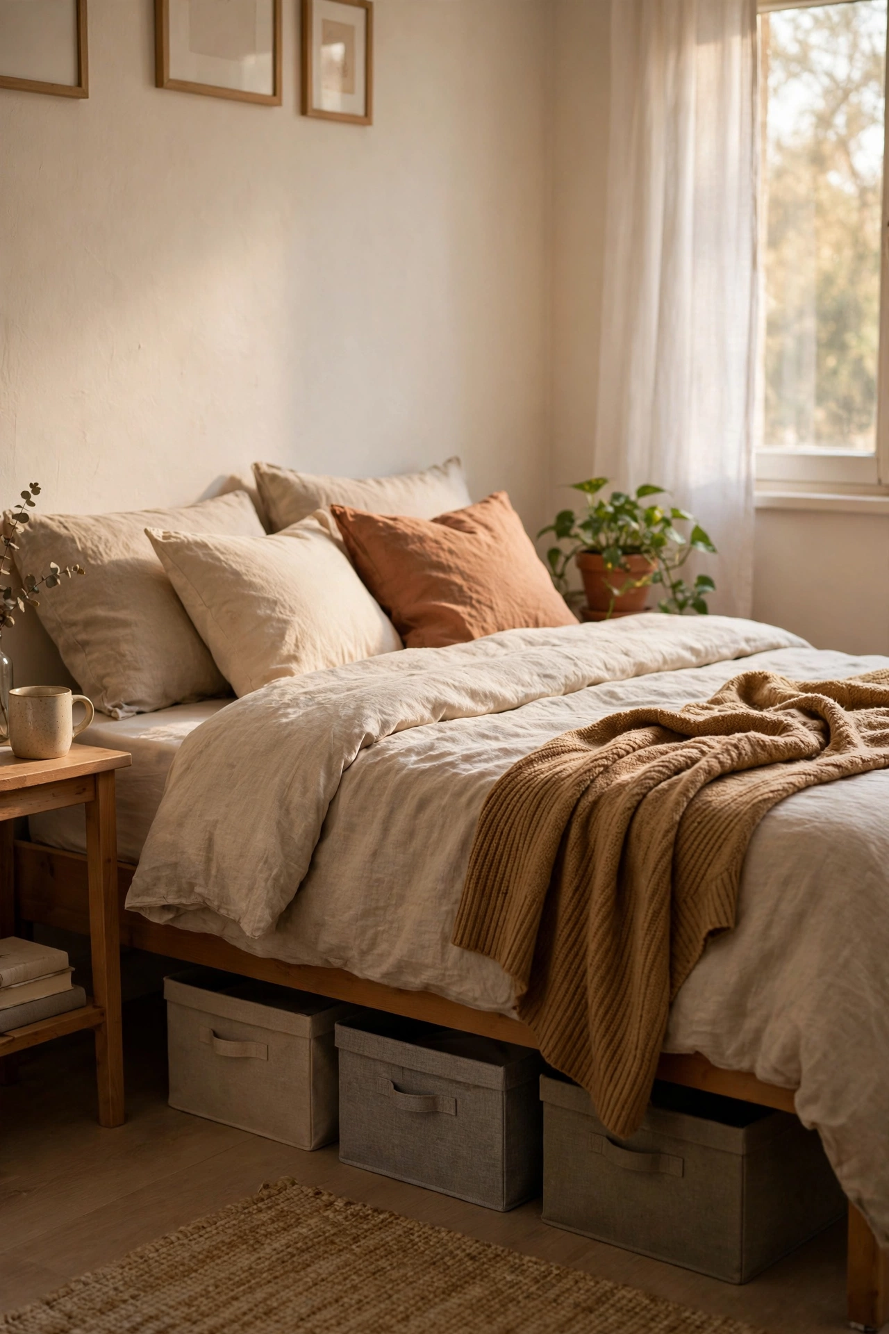Fabric storage boxes with handles sliding under a bed in a rental bedroom