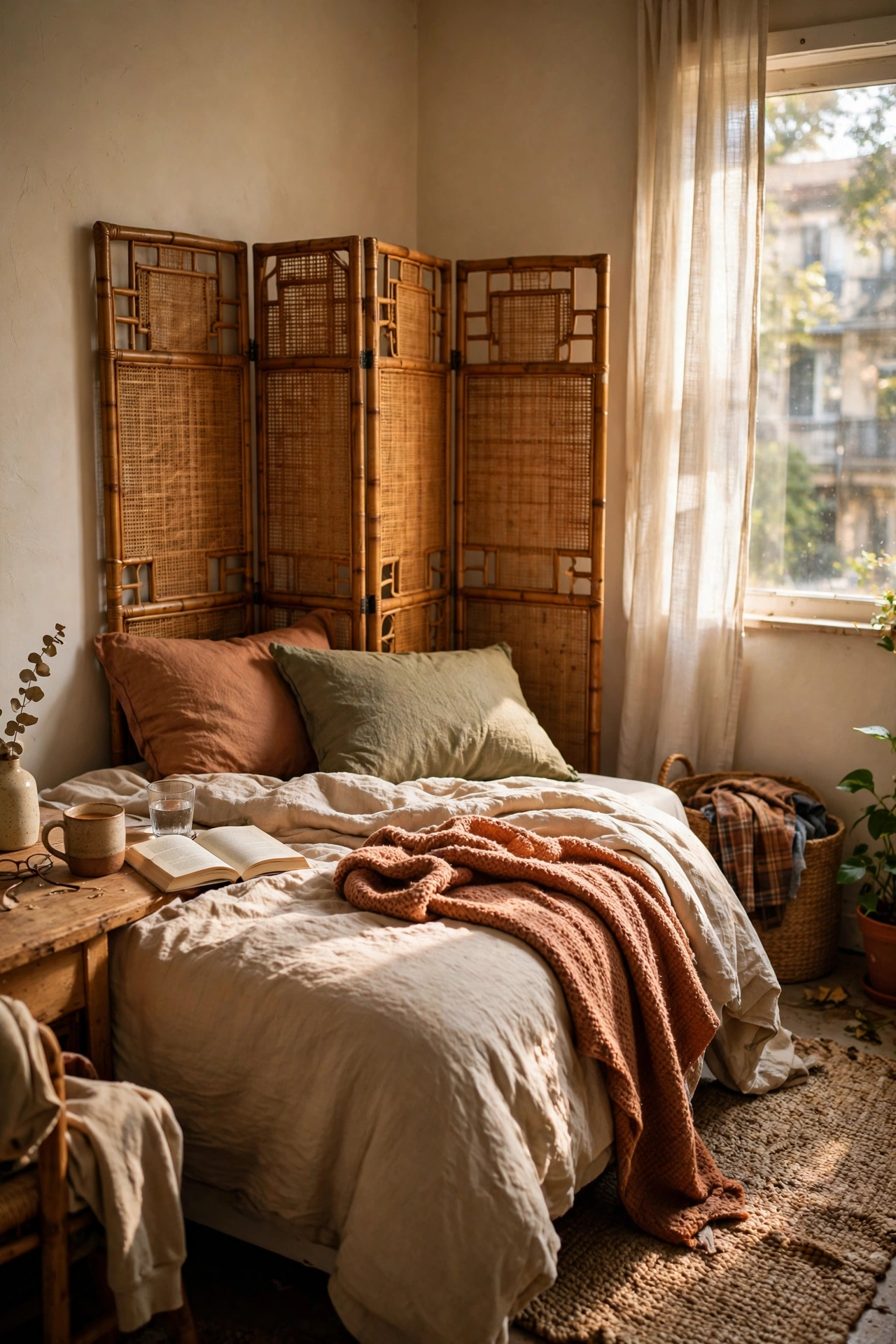 Folding rattan room divider opened behind a bed as a headboard