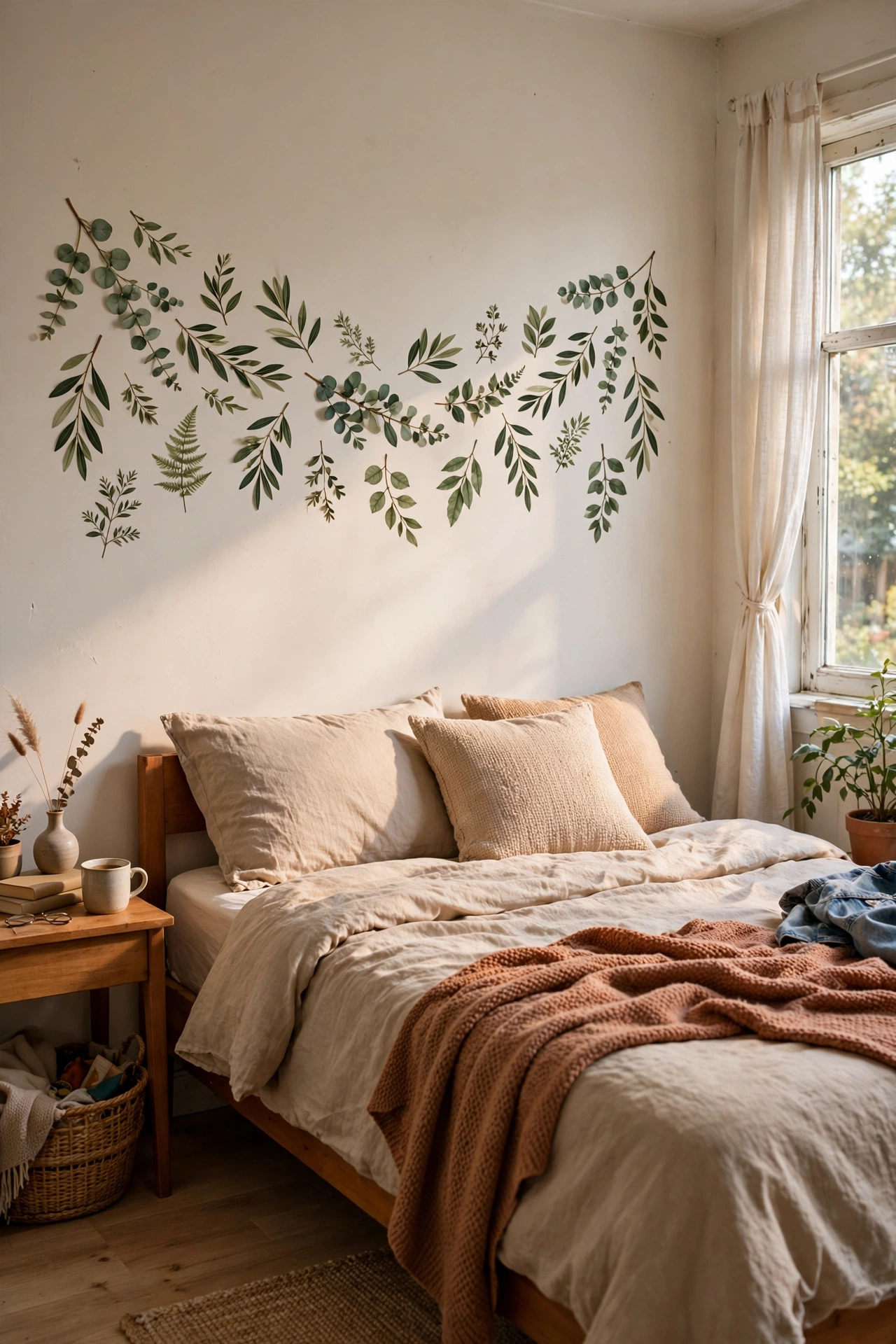 Removable botanical wall decals arranged above a bed in a rental bedroom