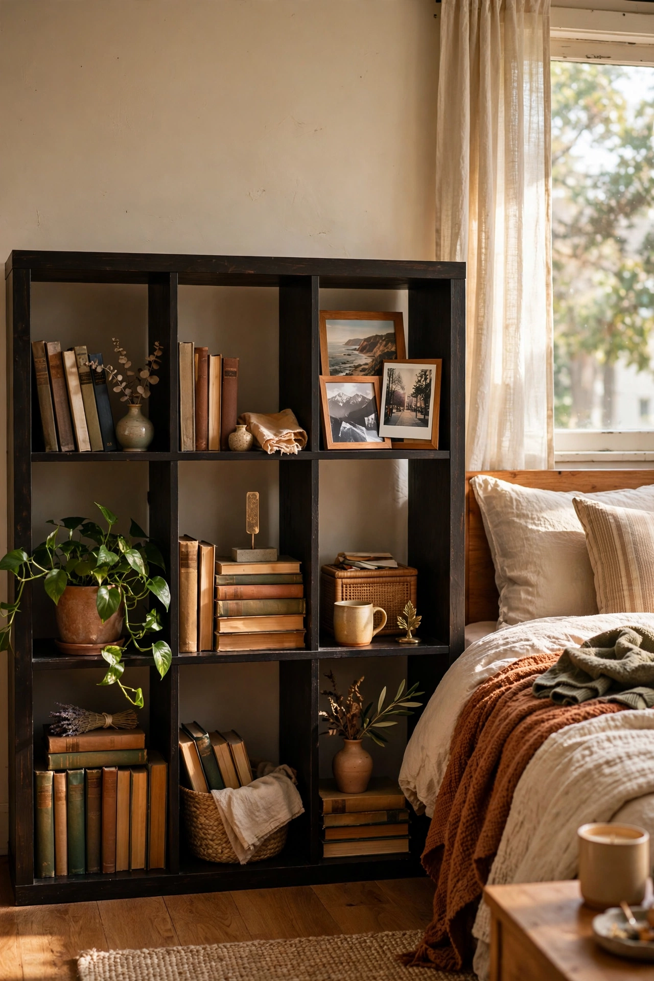 Small cube bookshelf styled with books, plant and photos in a rental bedroom