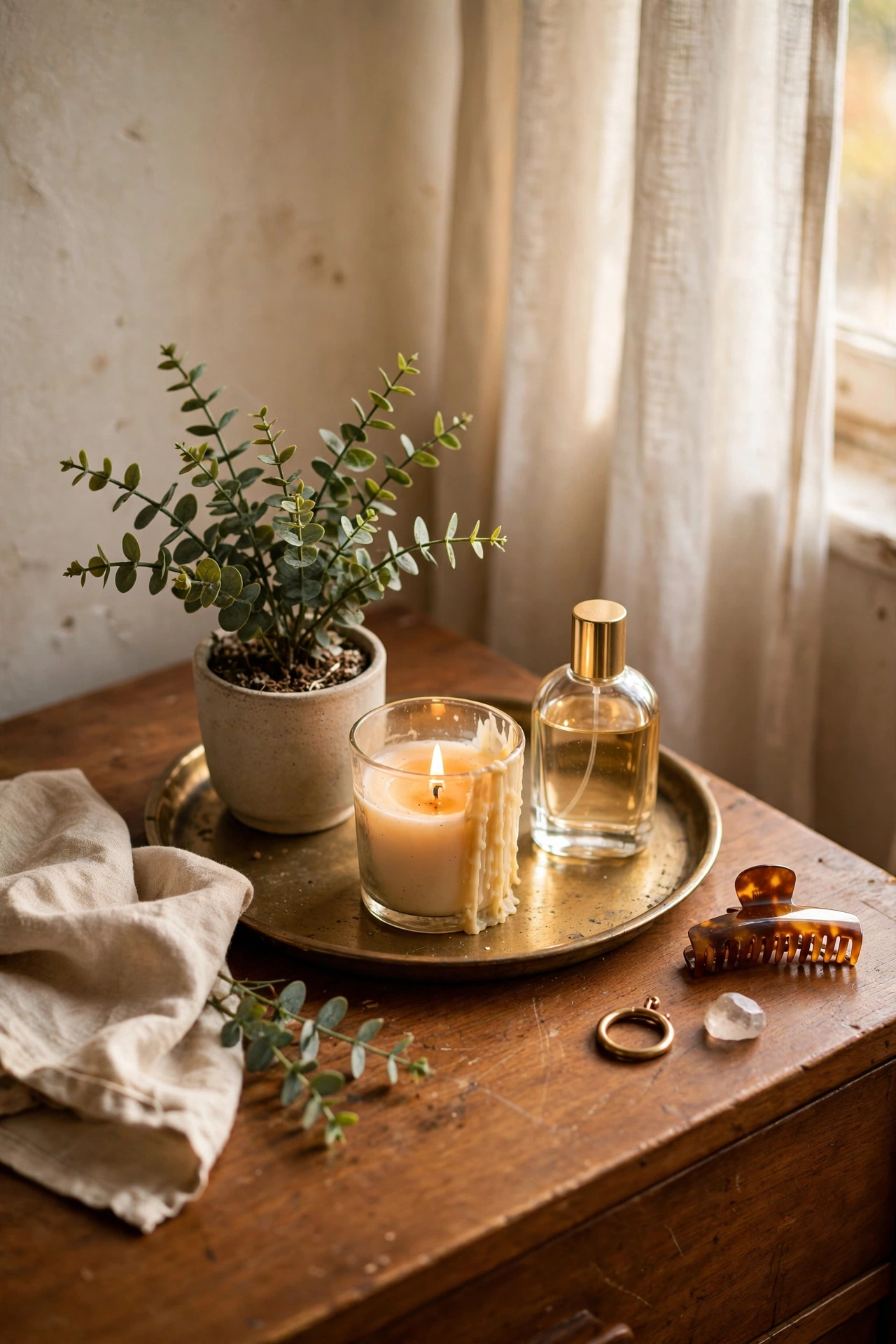 Thrifted tray with candle, plant and perfume styled on a dresser top