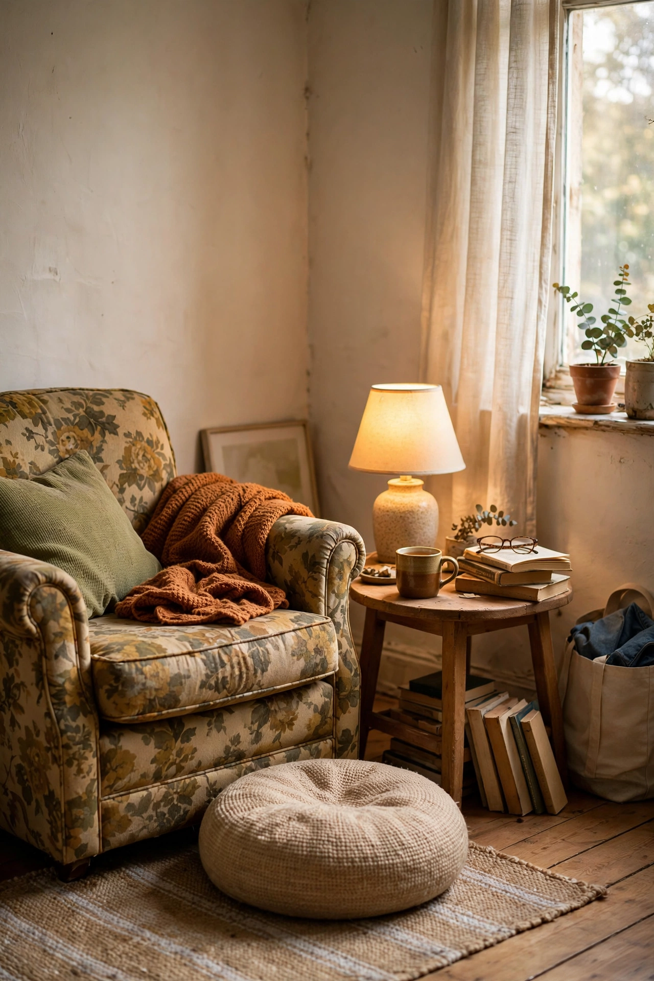 Cozy reading nook with armchair, floor cushion and lamp in a bedroom corner