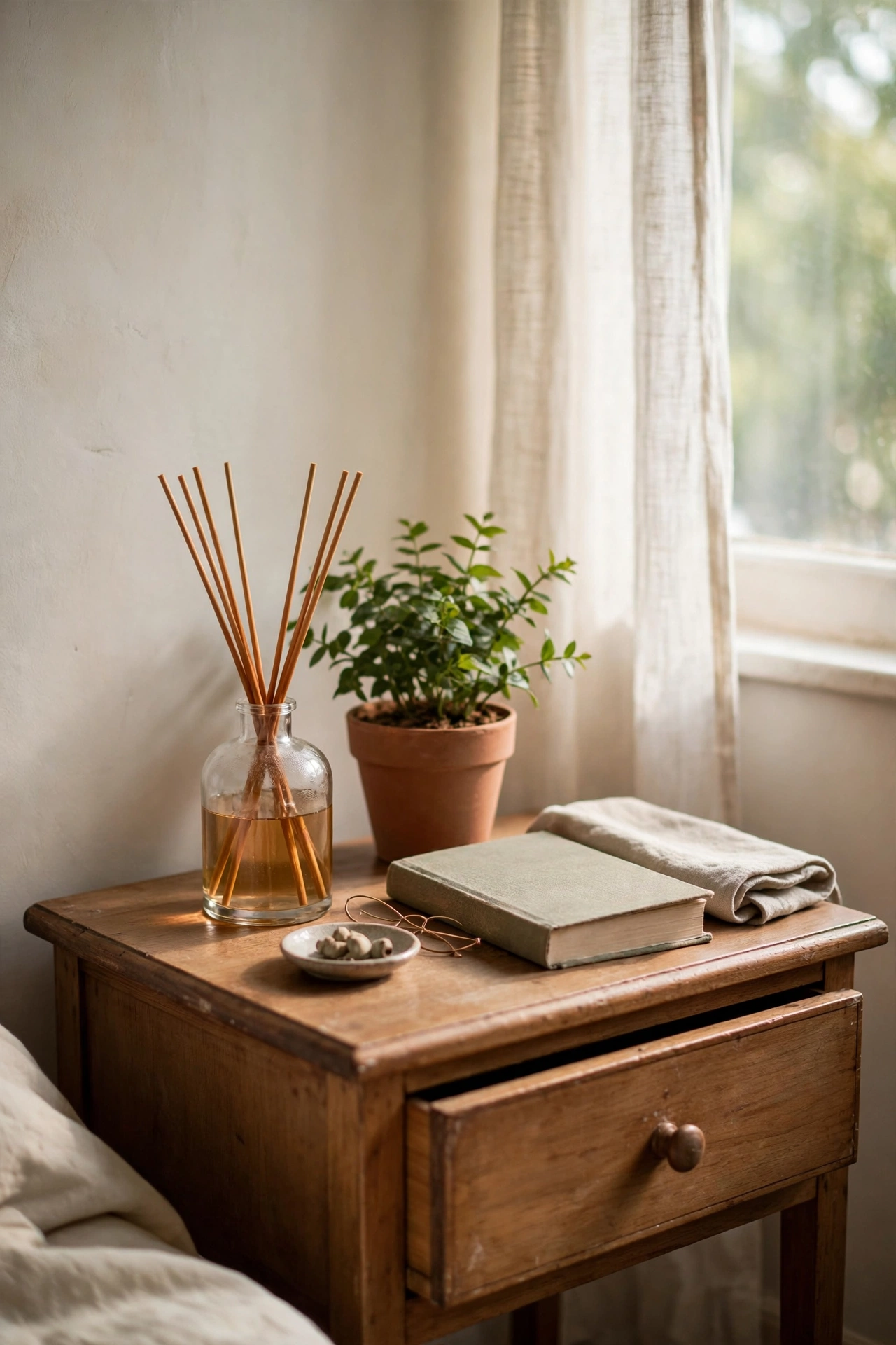 Reed diffuser with eucalyptus scent on a rental bedroom nightstand