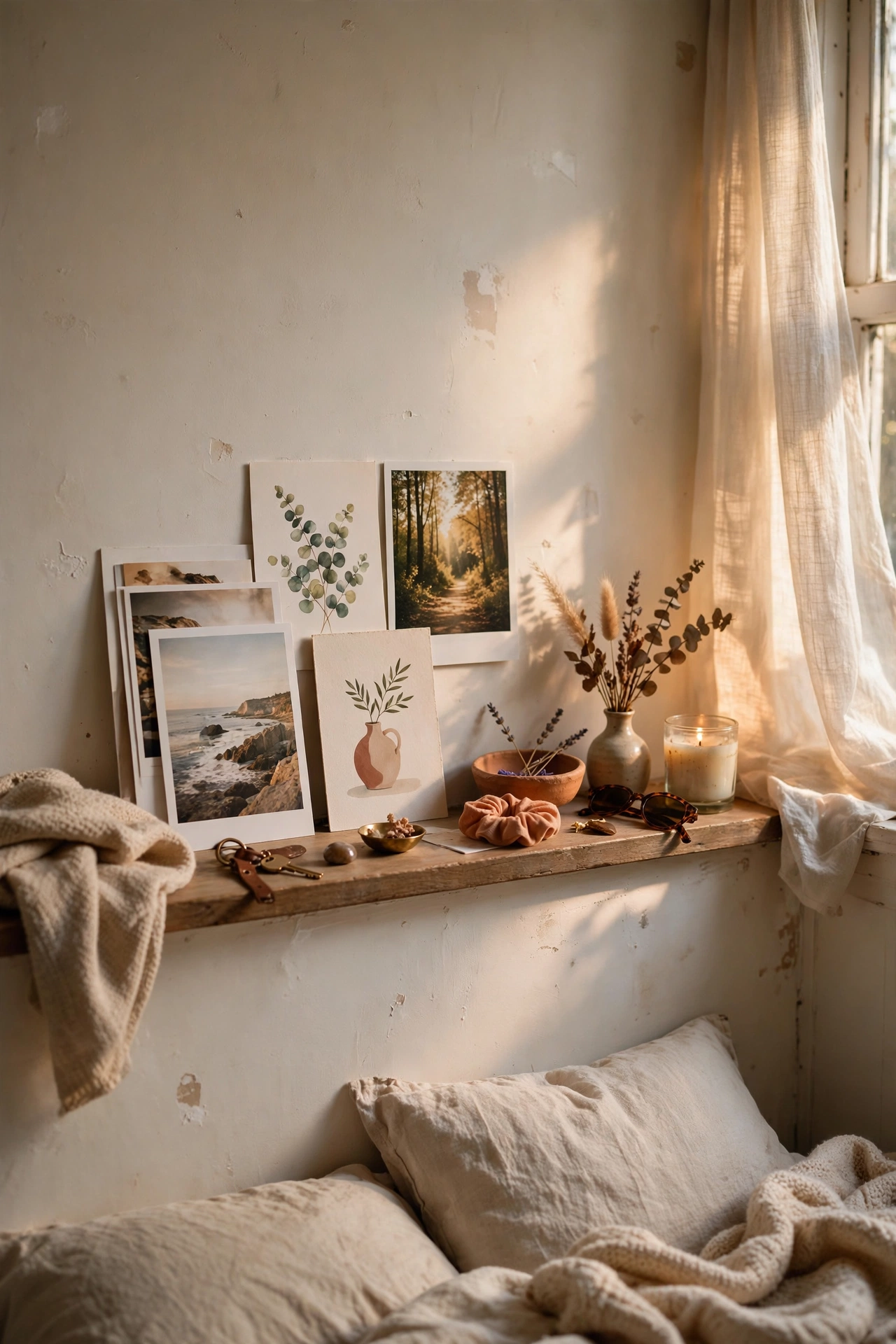 Picture ledge on command strips holding rotating photo prints in a bedroom
