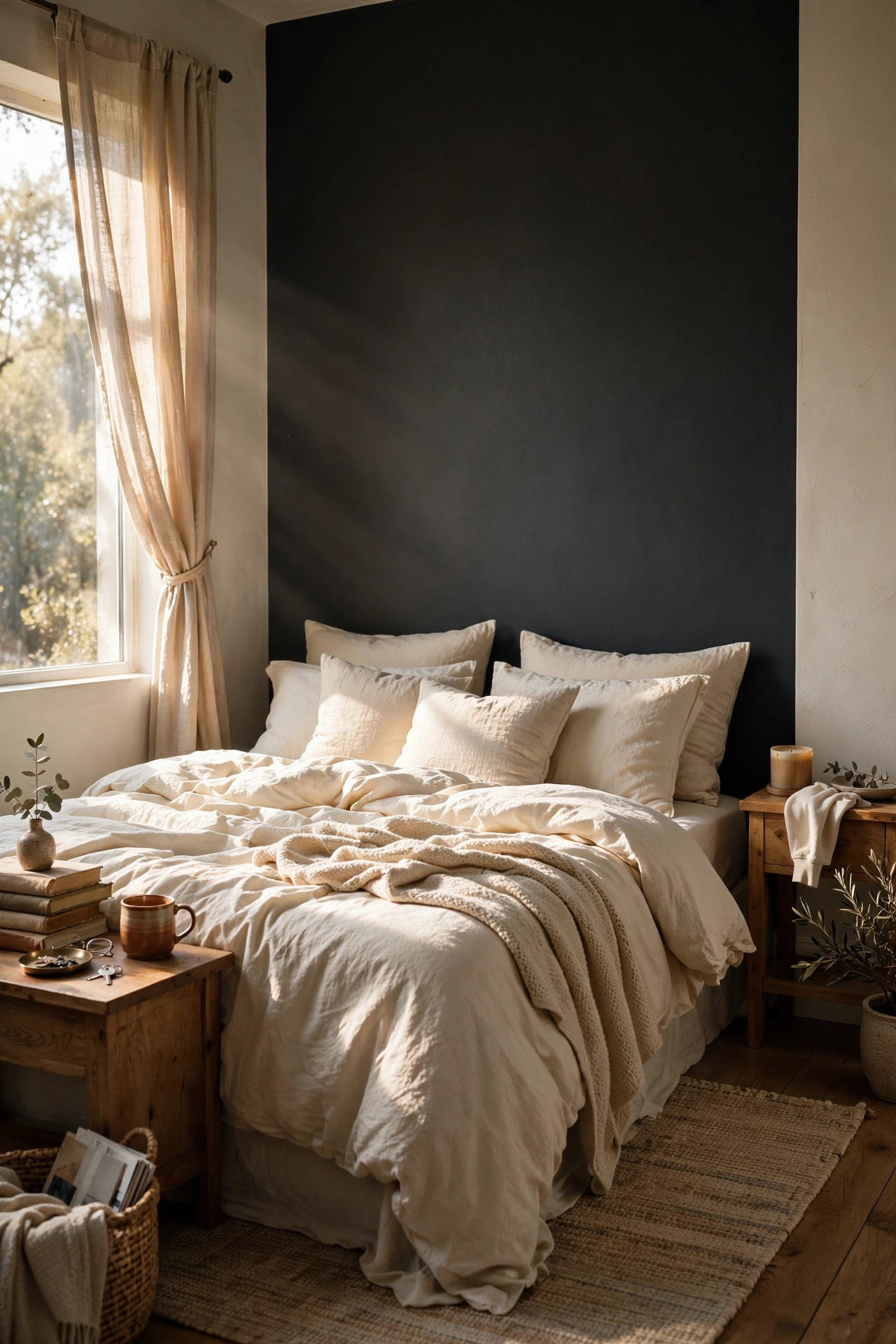 Bedroom with a matte charcoal accent wall behind a cream bed