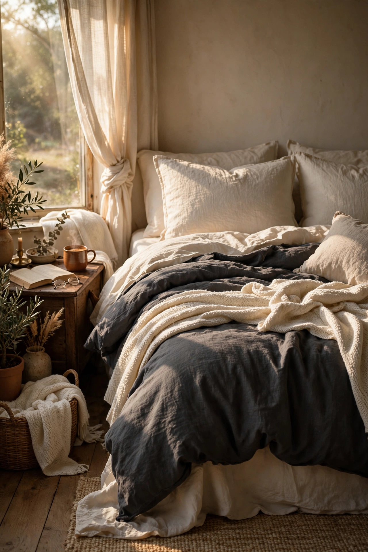 Bed with charcoal duvet layered with cream throws and shams