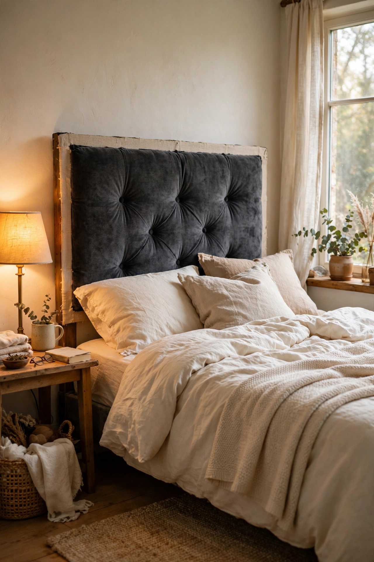 DIY charcoal velvet upholstered headboard behind a styled bed