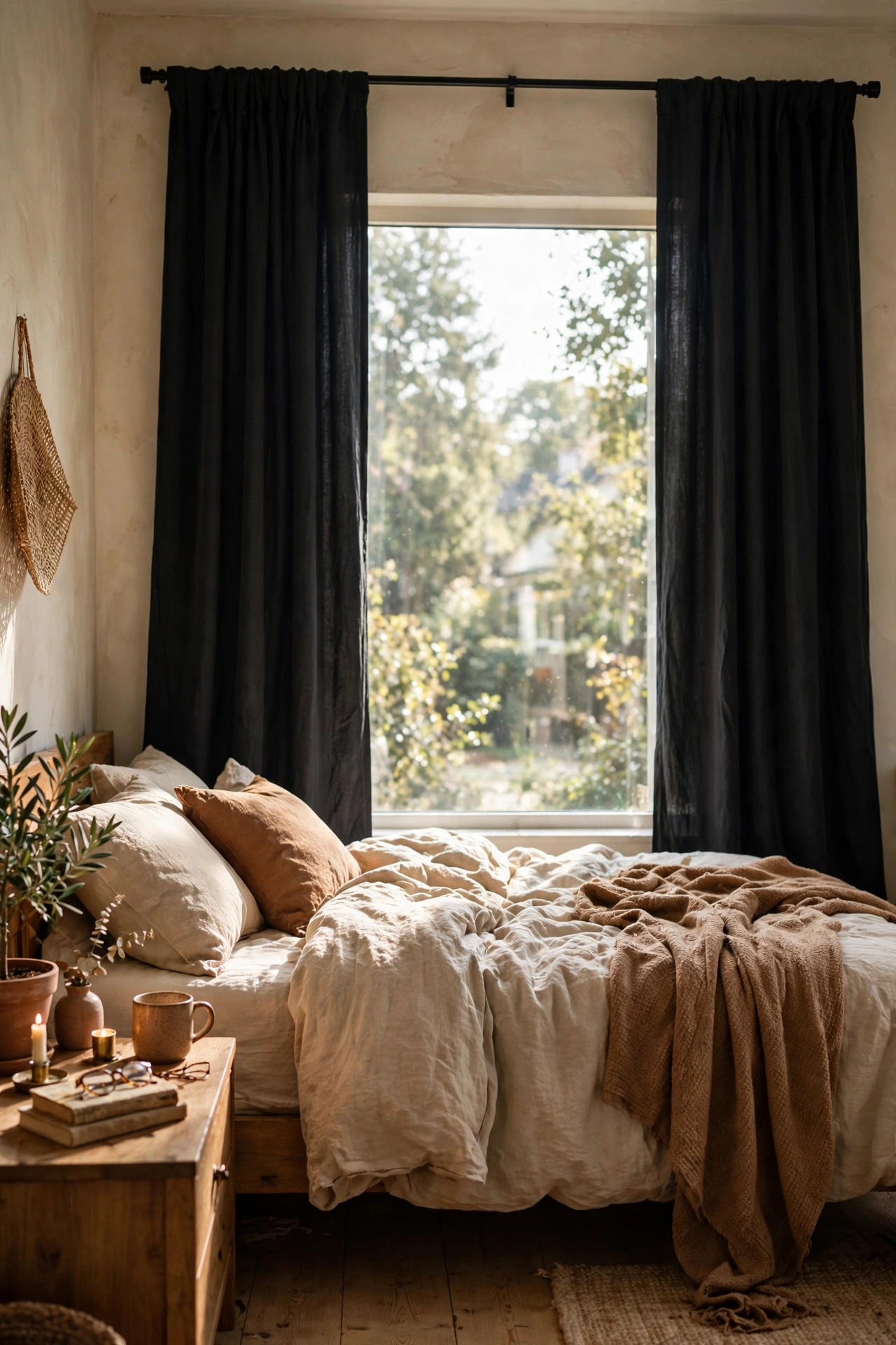Charcoal blackout curtain panels hung high and wide on a bedroom window