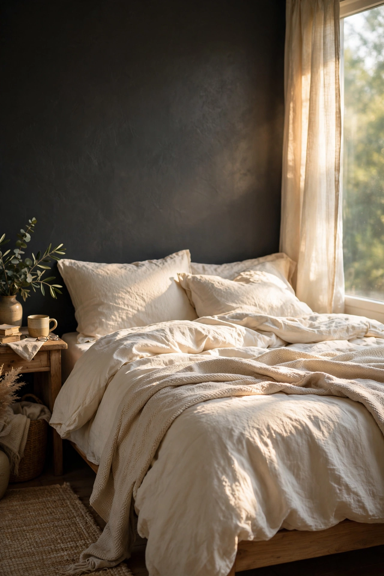 Cream washed linen bedding glowing against a charcoal bedroom wall