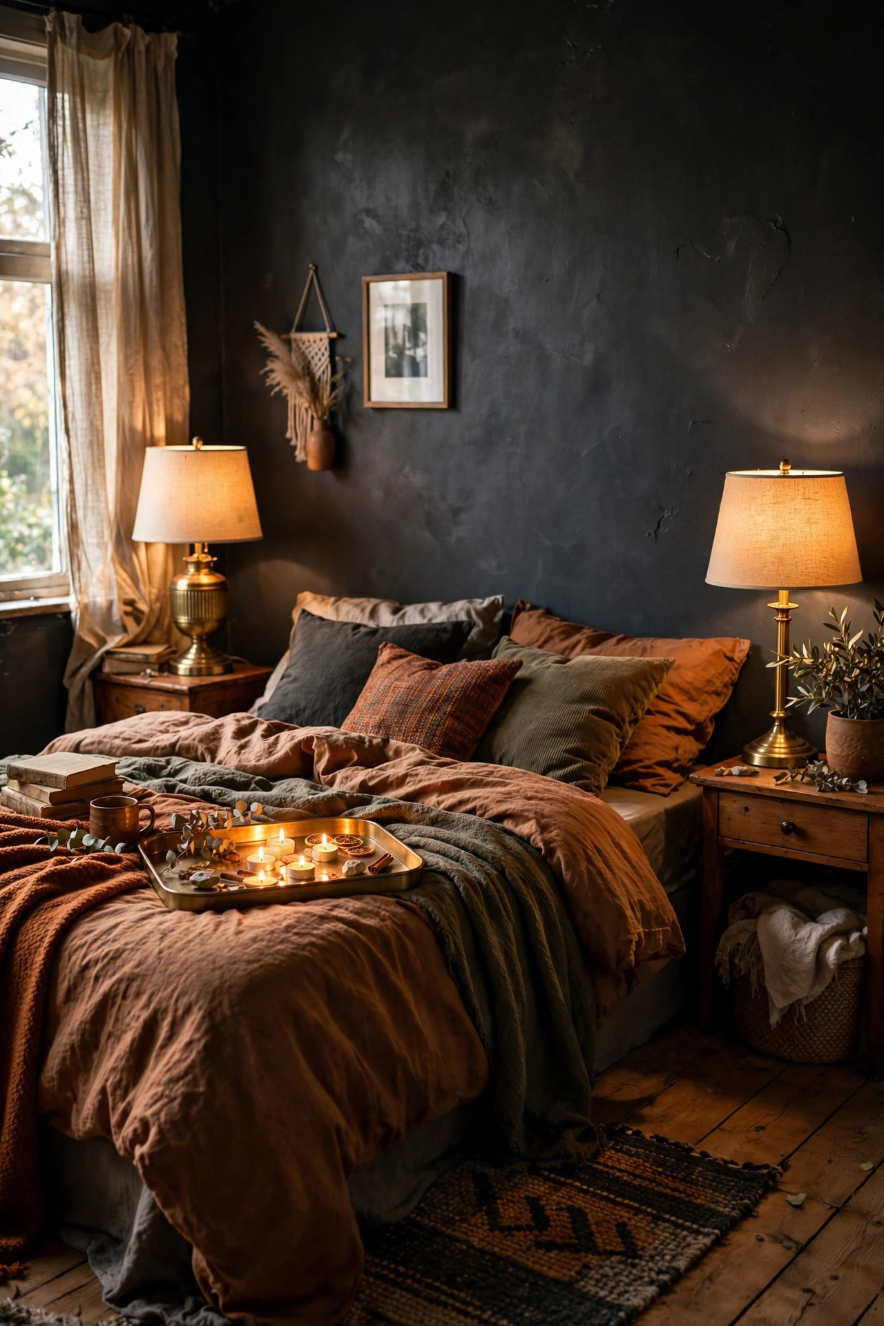 Brass lamp bases and tray warming up a charcoal gray bedroom
