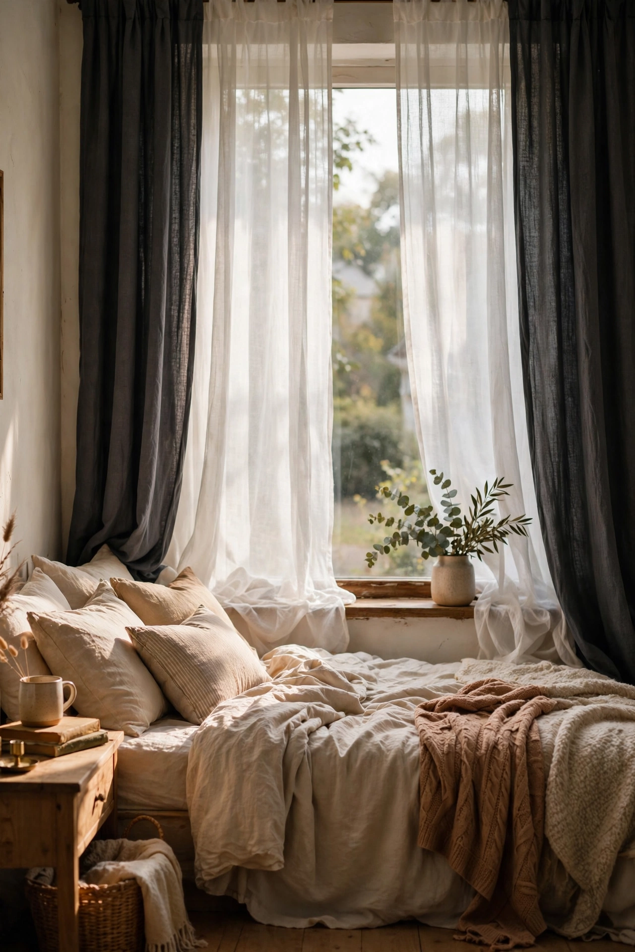 White sheer curtains layered over charcoal panels on a bedroom window