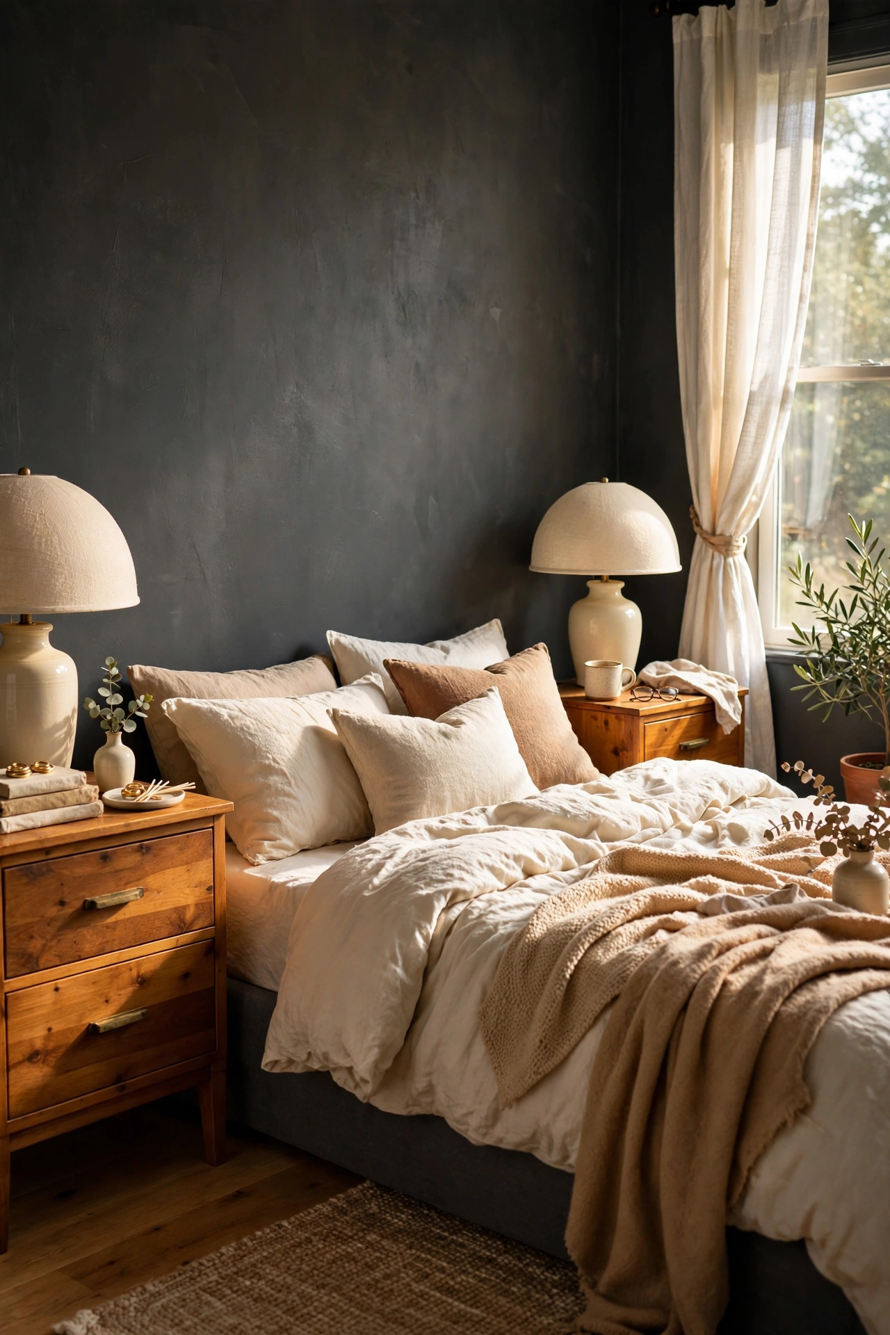 Honey-toned wooden nightstands glowing against charcoal bedroom walls