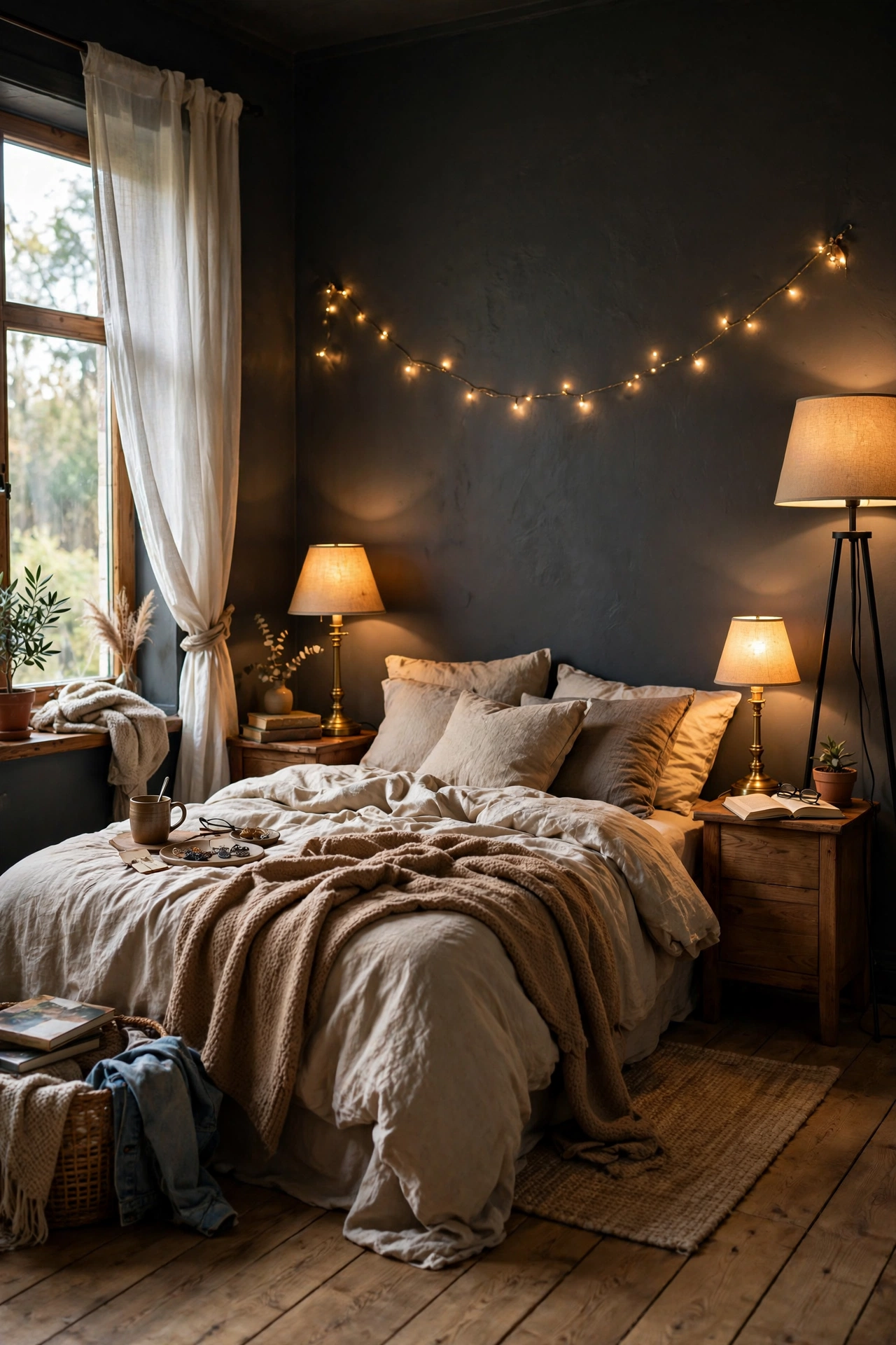 Charcoal bedroom with layered warm lighting from lamps and fairy lights