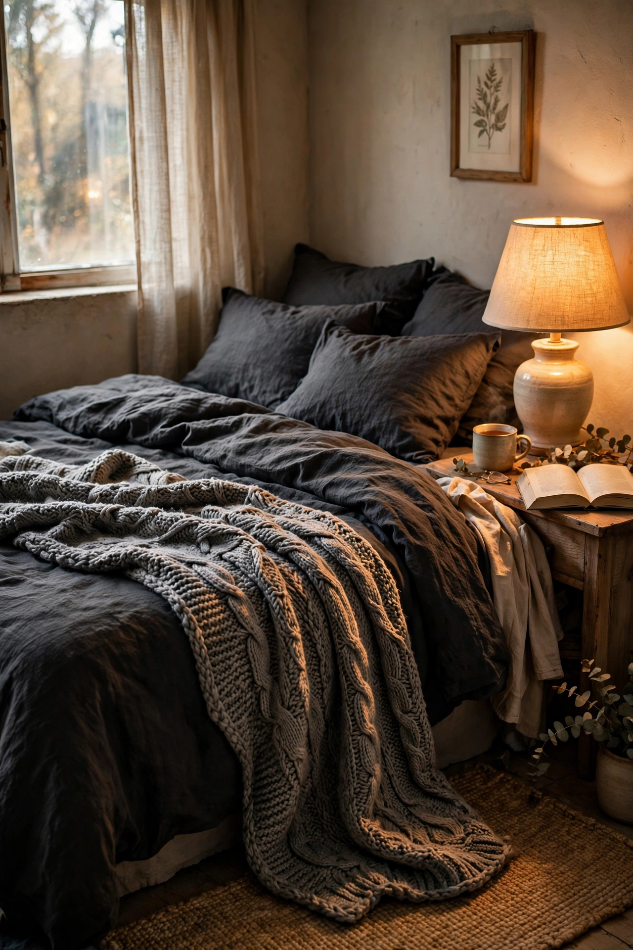 Chunky gray knit throw folded at the foot of a charcoal bed