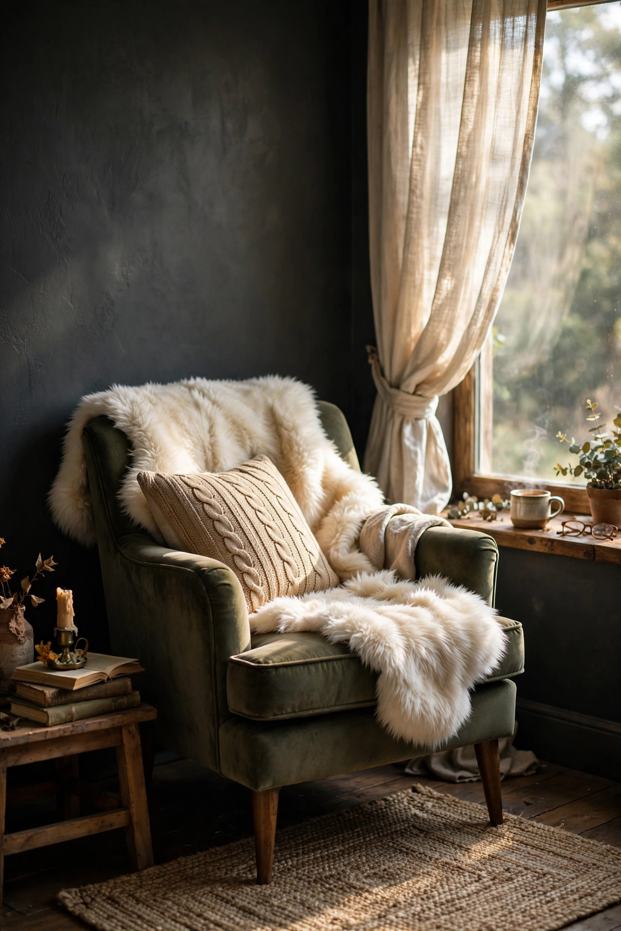 Ivory faux fur throw draped over a chair against a charcoal wall
