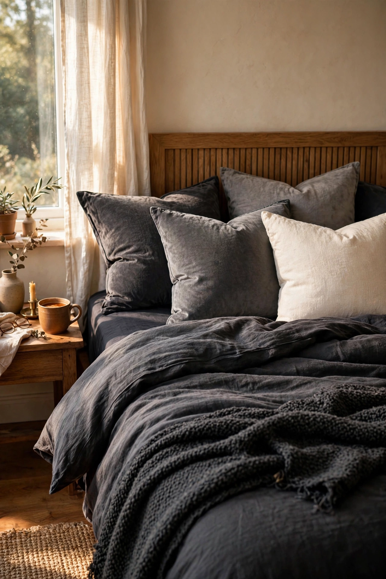 Gray velvet throw pillows in mixed tones on charcoal bedding
