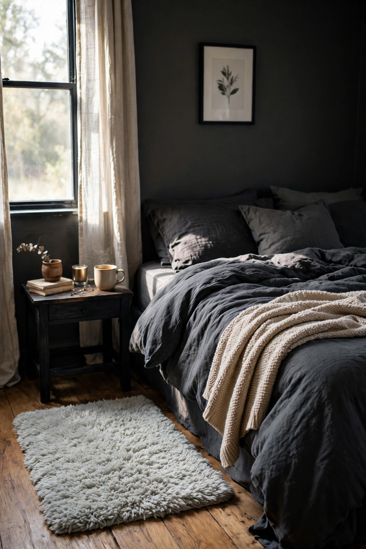 Pale gray shaggy rug on the floor of a charcoal bedroom