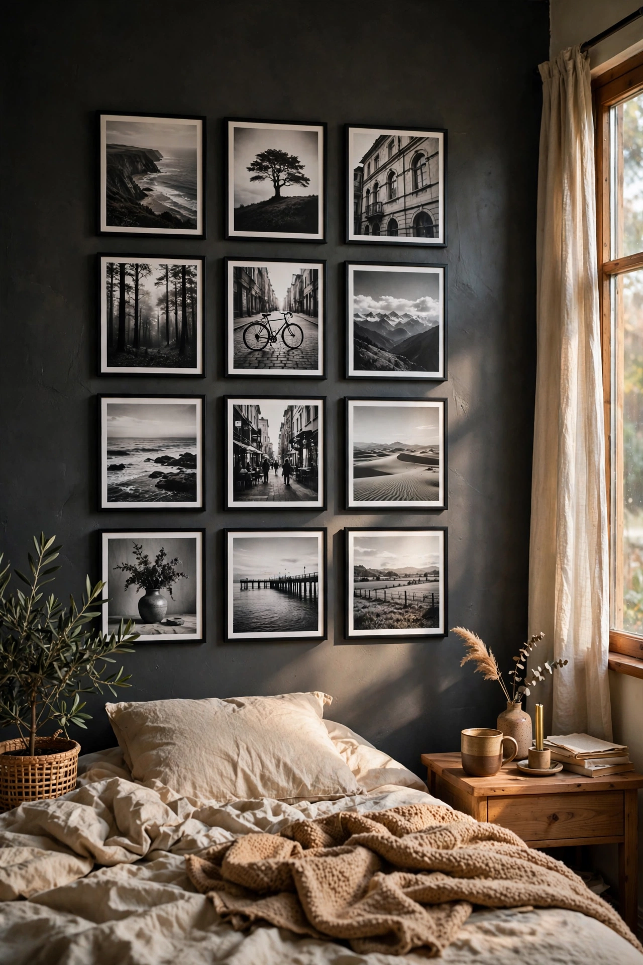 Black and white photography prints in black frames on a charcoal wall