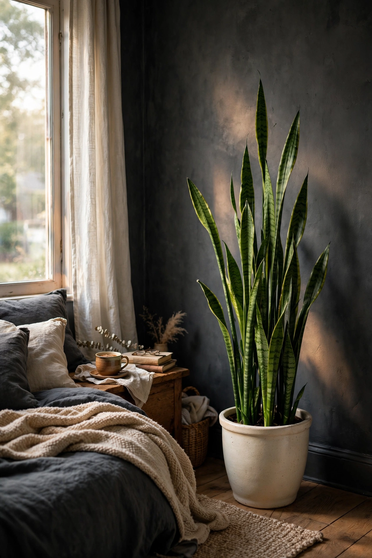 Tall snake plant in a cream pot in the corner of a charcoal bedroom