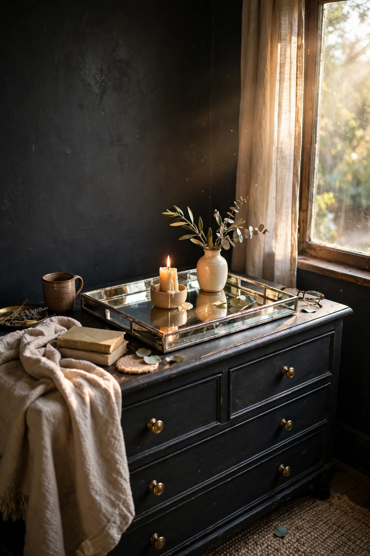 Mirrored tray with candle and vase on a dresser in a charcoal bedroom