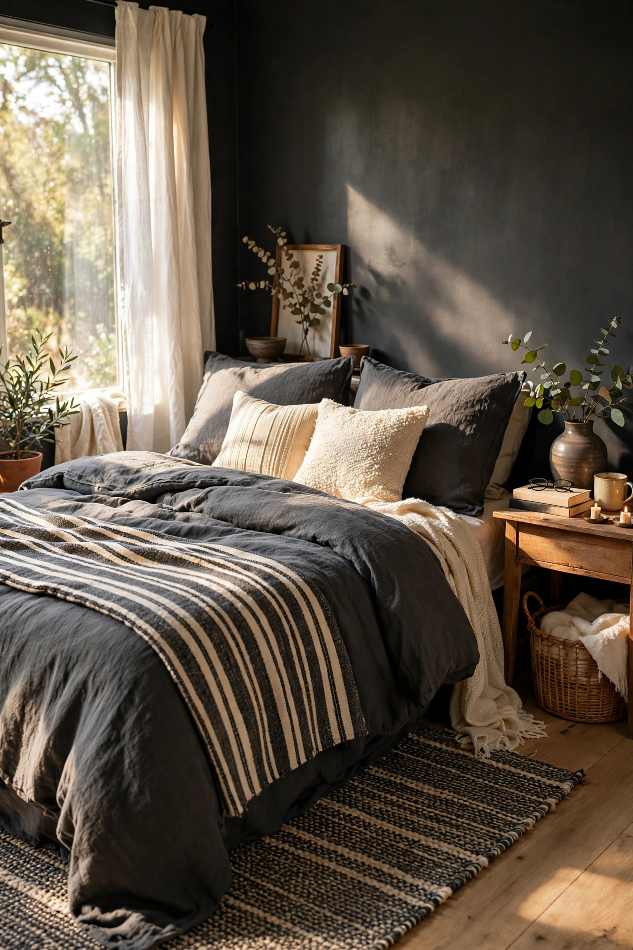 Charcoal and cream striped runner placed along the side of a bed