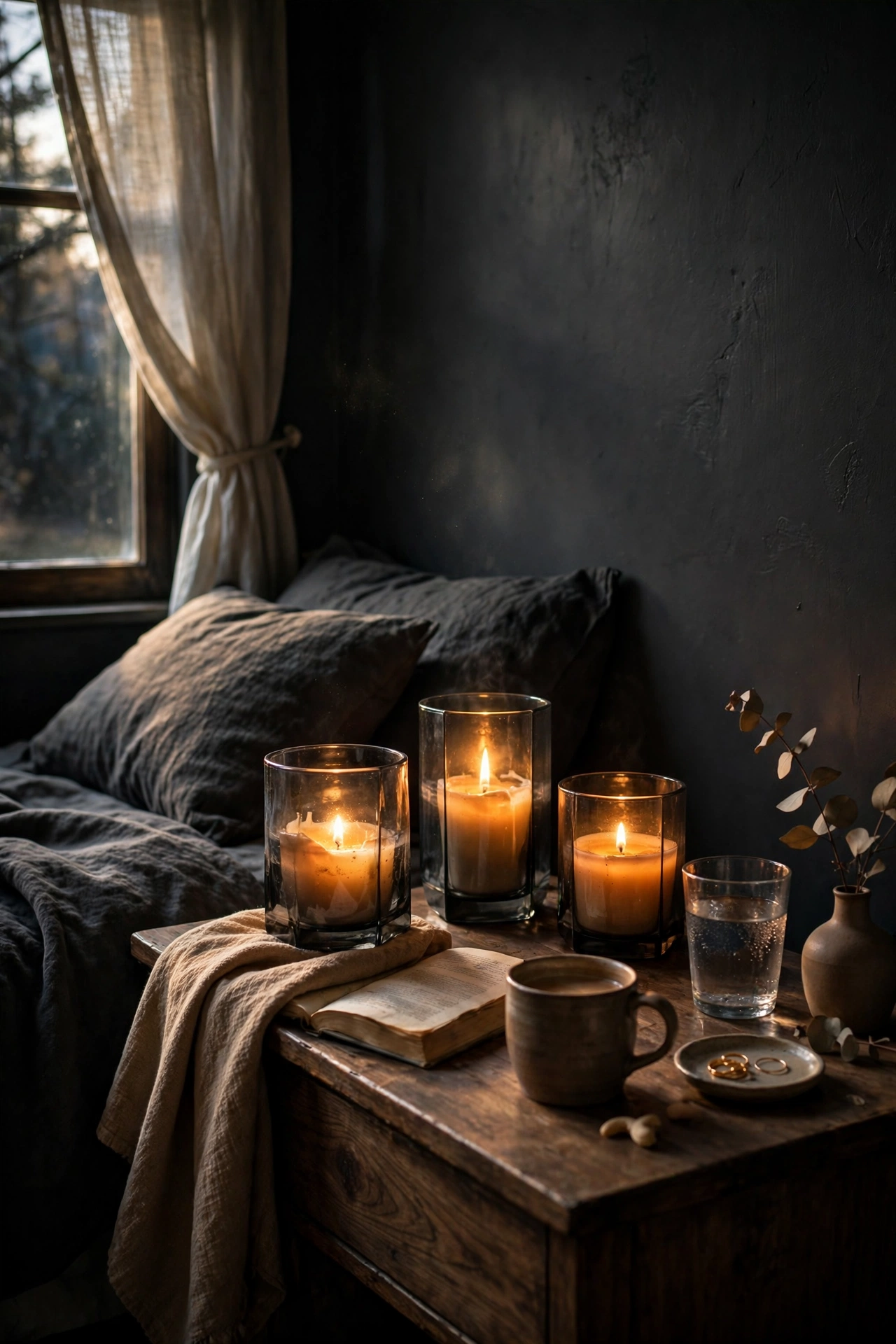 Candles in smoked glass holders glowing on a nightstand in a charcoal bedroom