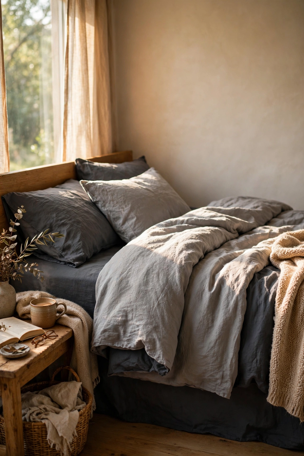 Dove gray linen duvet layered over charcoal sheets on a bed