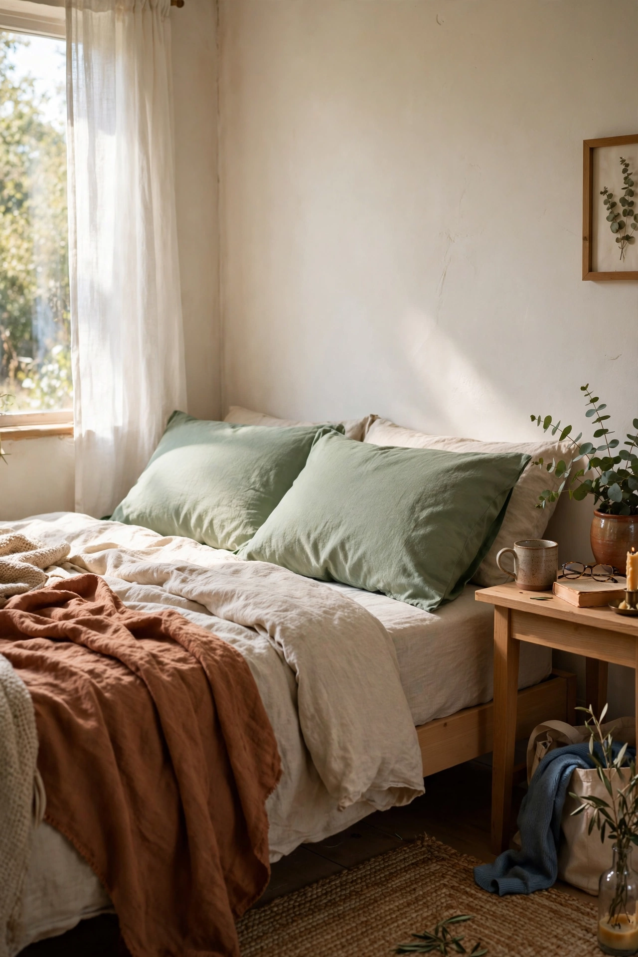Bed with new sage green pillowcases giving the bedding a fresh color