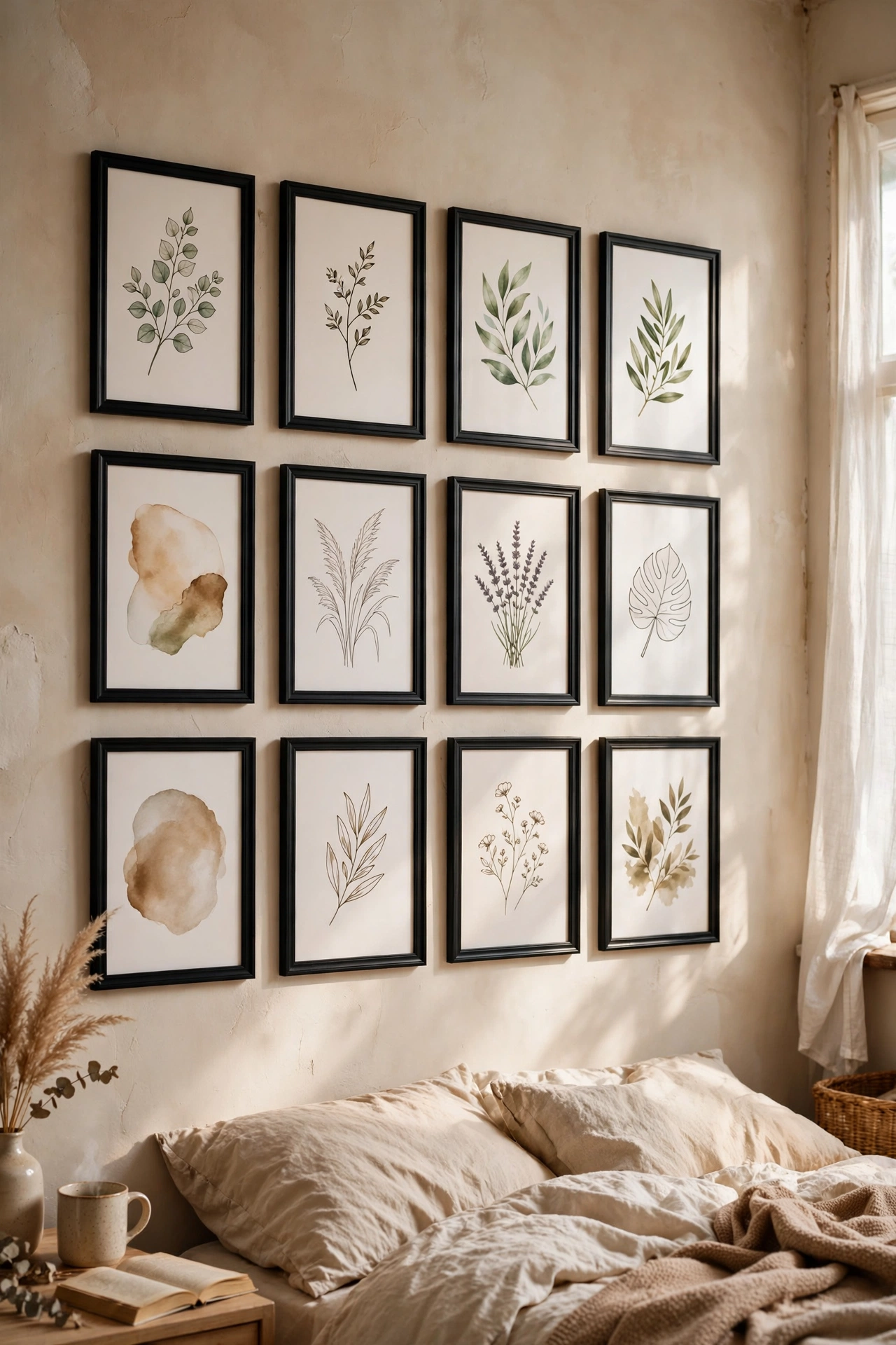 Gallery wall of matching black dollar store frames with printable art