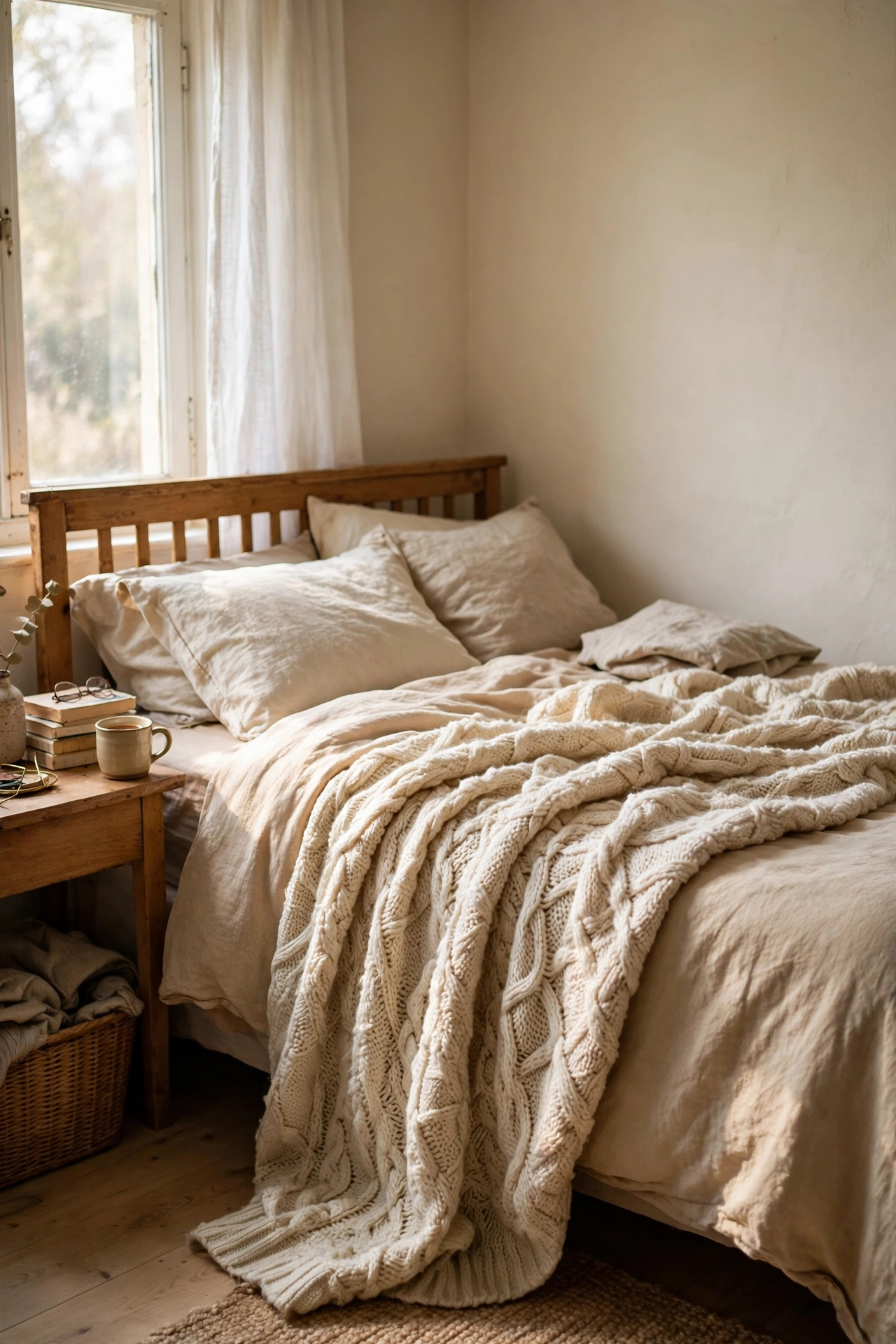 Thrifted cream knit throw blanket draped on a bed