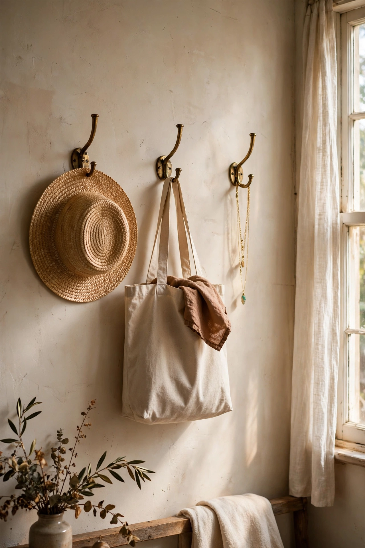 Decorative wall hooks holding a hat, tote bag and necklace in a bedroom