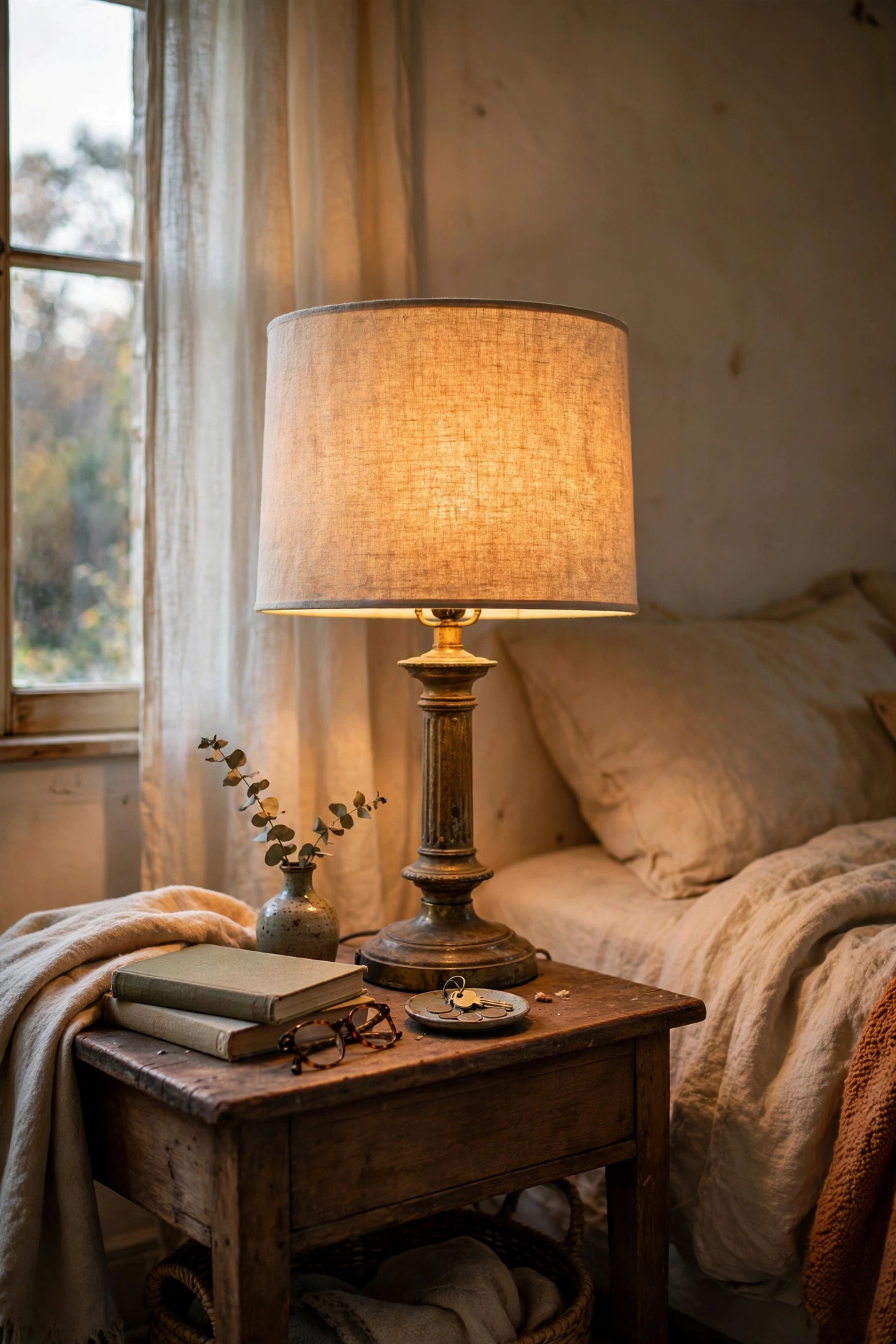 Old lamp base fitted with a new linen drum lampshade on a nightstand