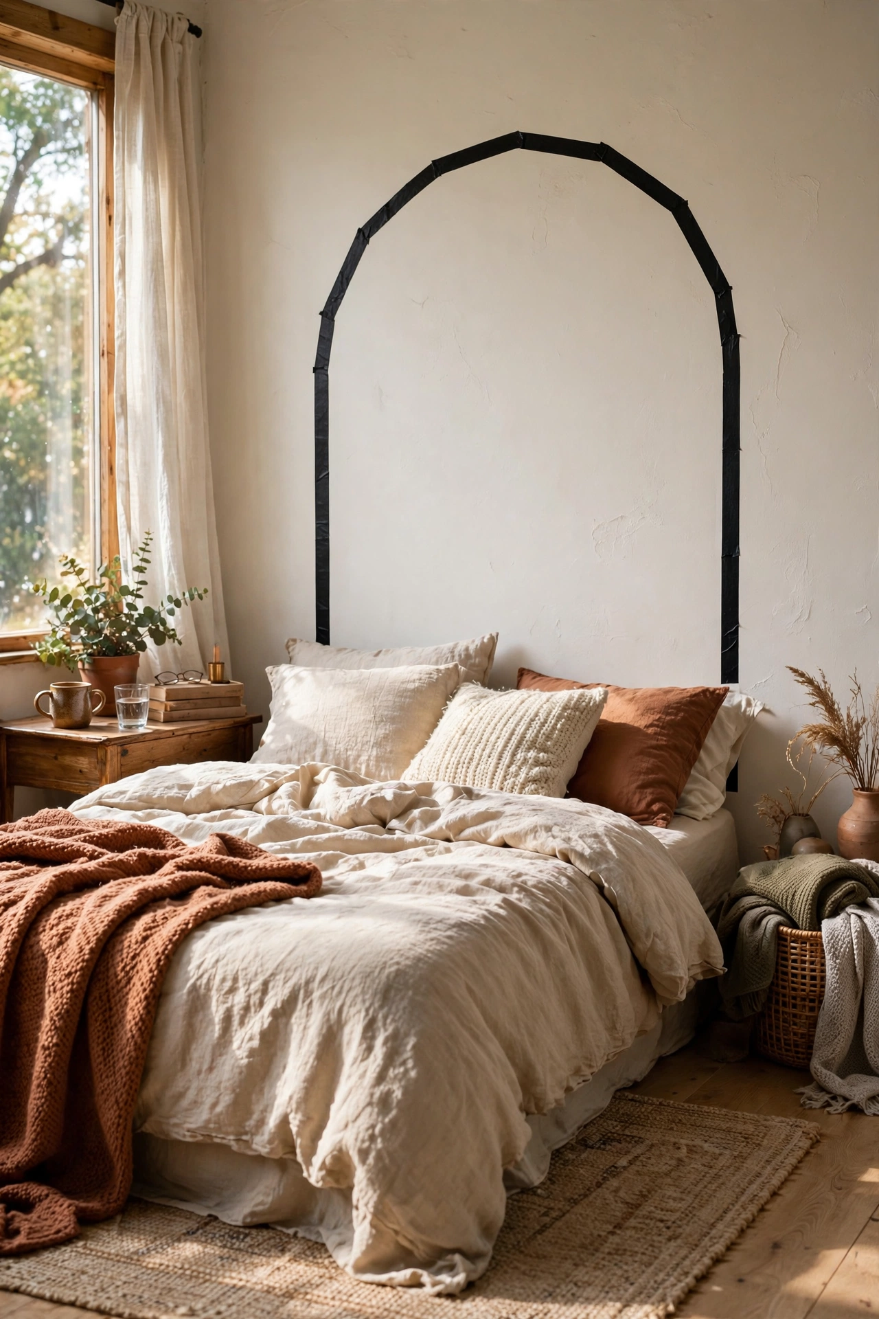 Black washi tape arch outlined on the wall behind a bed